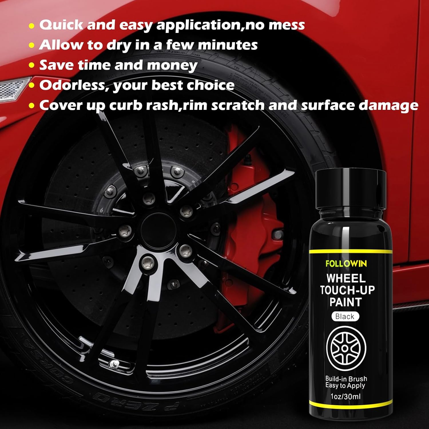 FOLLOWIN Pintura de retoque de borde negro para automóviles, kit de reparación de pintura de rueda negra, reparación de arañazos de llantas