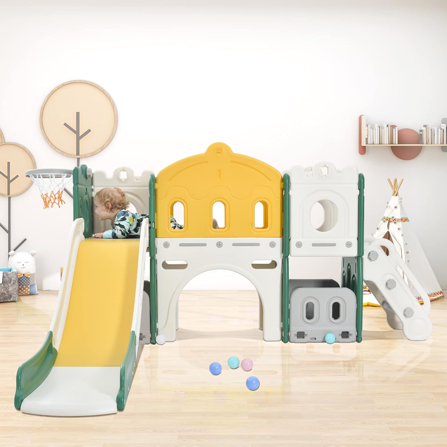 Hapsor Tobogán 7 en 1 para niños pequeños, tobogán grande con pasillo largo, escalador, aro de baloncesto, túnel y espacio de almacenamiento, juego