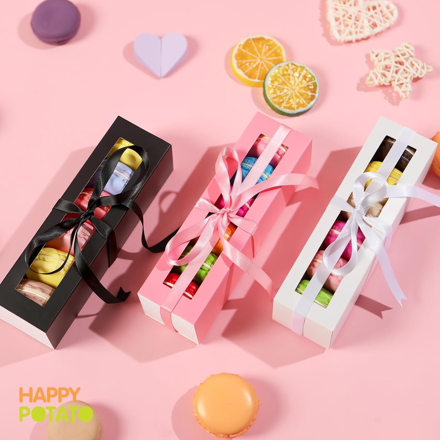 HAPPY POTATO Paquete de 25 cajas de macarrones para 6, 7.2 x 1.9 x 1.9 pulgadas, cajas de embalaje de macarrones, cajas de macarrón rosa con ventana
