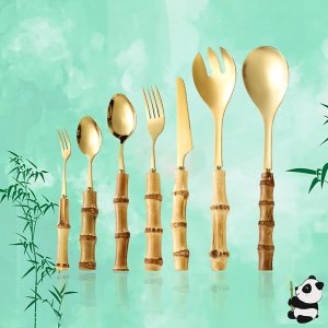 Juego de cubiertos de bambú para 8,56 piezas de acero inoxidable 188, juegos de cubiertos con mango de bambú, juego de tenedores y cuchillos de Juego de cubiertos de bambú para 8,56 piezas de acero inoxidable 188, juegos de cubiertos con mango de bambú, juego de tenedores y cuchillos de