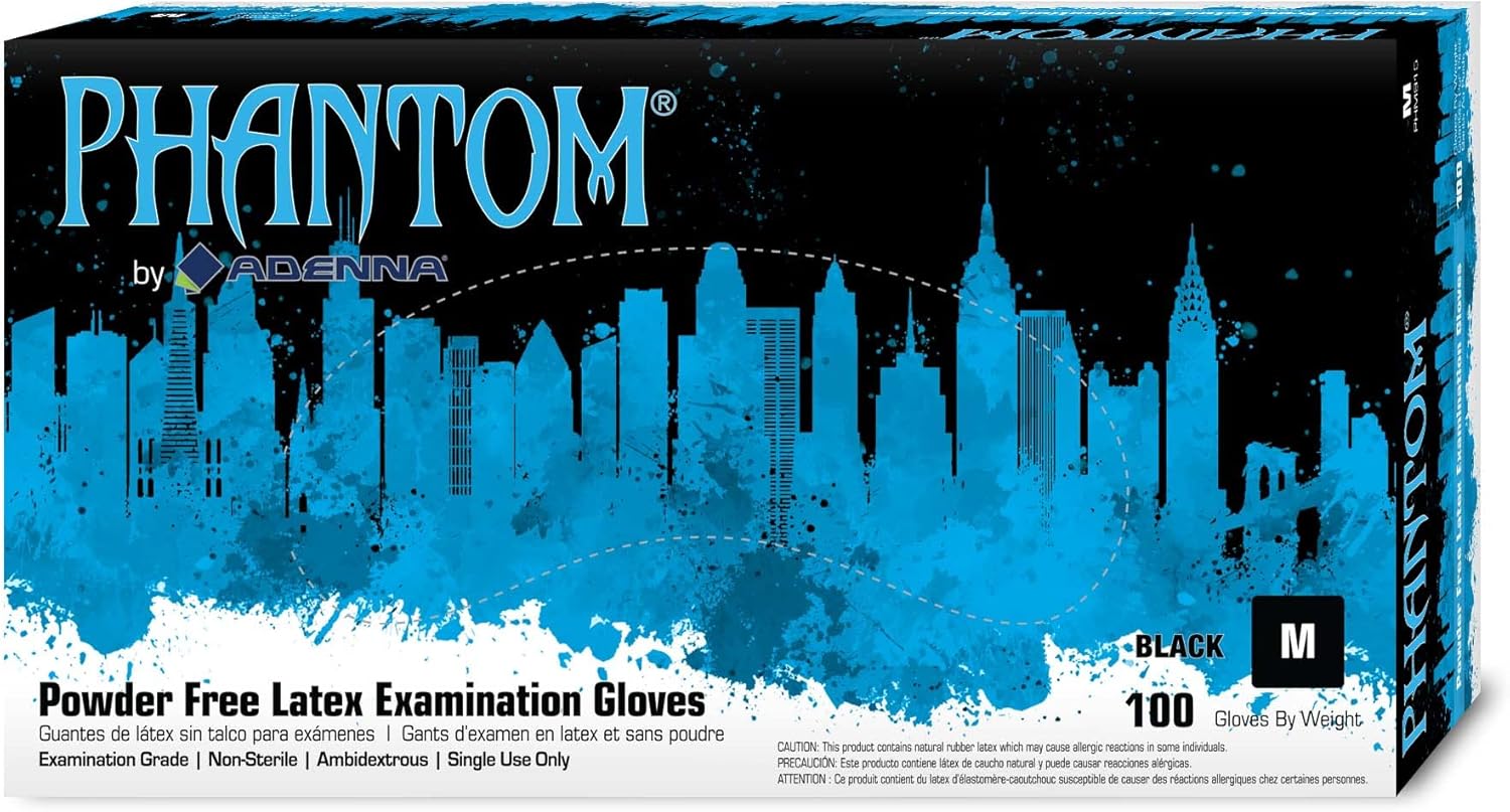Adenna PHM915 Phantom – Guantes de látex sin polvo, de 6 mil, grado médico, color negro, mediano, caja de 100 unidades