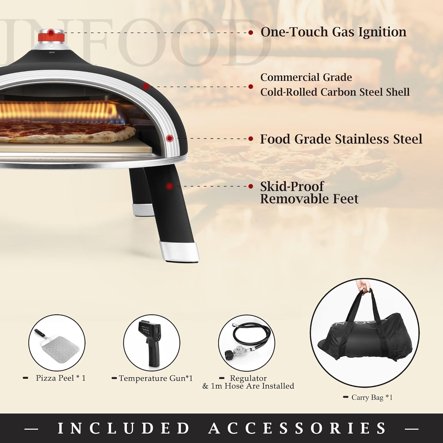 INFOOD Horno de pizza portátil de 13 pulgadas para exteriores, horno de pizza de propano para encimera, con piedra de pizza de cerámica, patas
