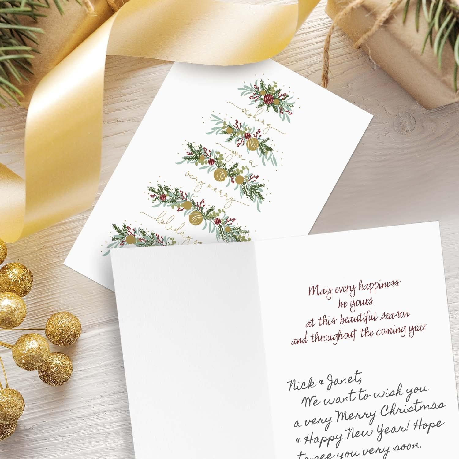 Between The Branches – Tarjetas navideñas de papel de aluminio dorado, 16 tarjetas de Navidad en caja con sobres forrados de aluminio, tarjetas de