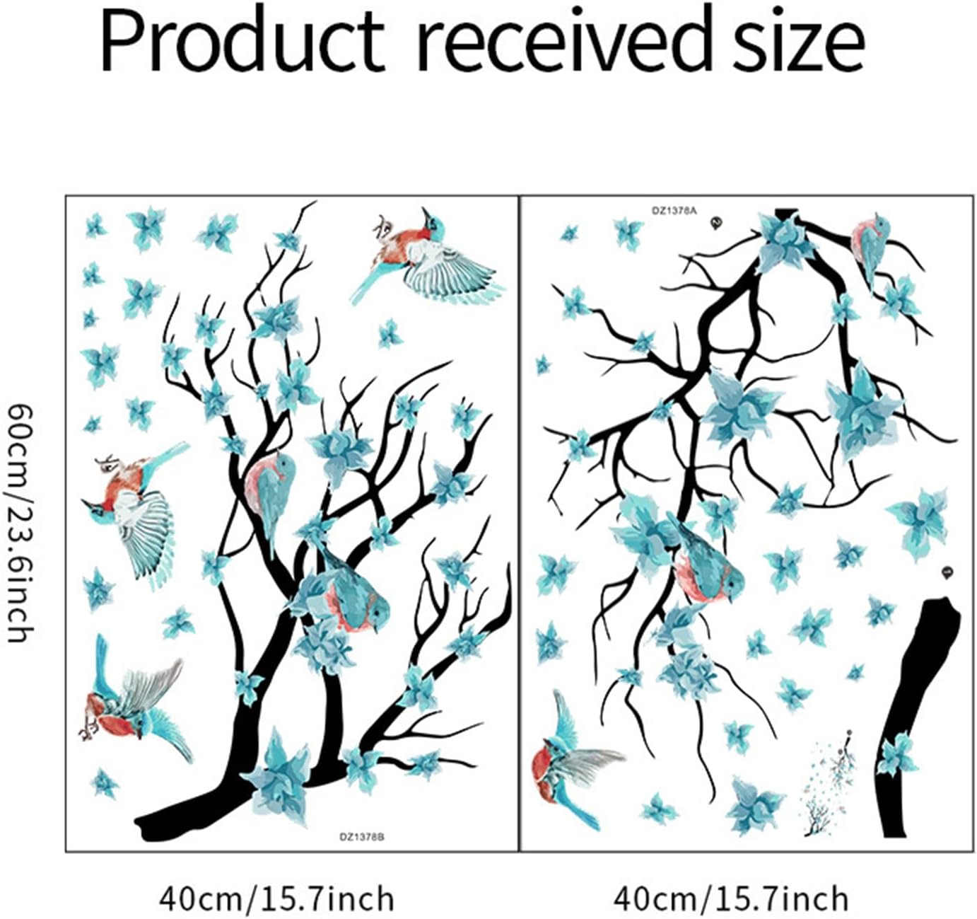 Calcomanías de pared de acuarela con flores azules (52.3 x 30.3 pulgadas), calcomanías de pared con flores y pájaros, ramas de árbol, sala de estar,
