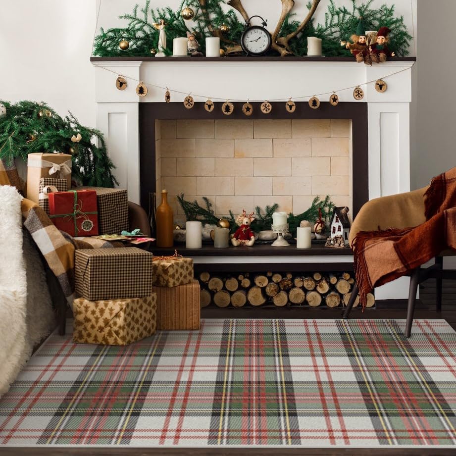 RUGGABLE Alfombra lavable de invierno a cuadros, perfecta para sala de estar, dormitorio, cocina, apta para mascotas y niños, resistente a las
