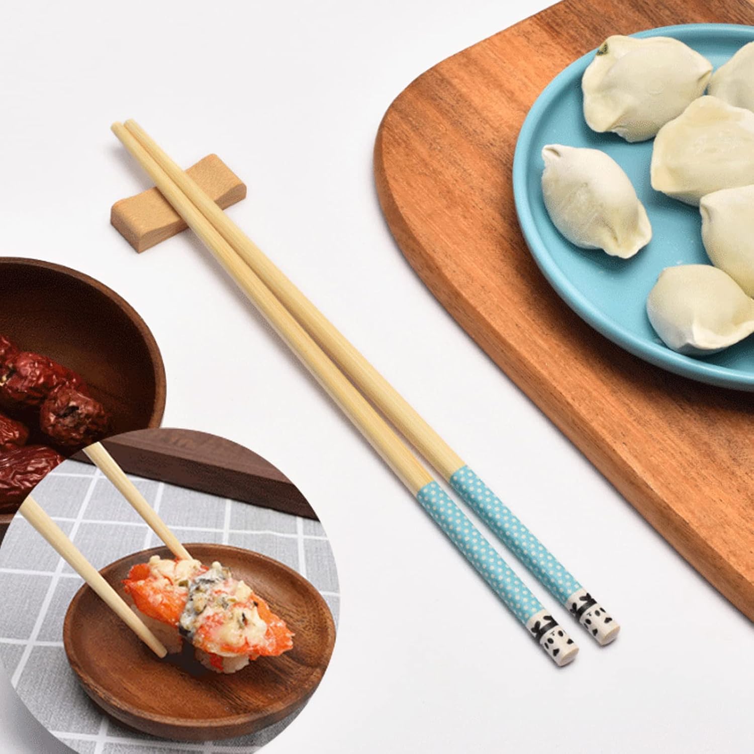 Juego de 5 pares de palillos reutilizables de bambú natural con estampado de panda, palillos antideslizantes para fideos de arroz y sushi, vajilla