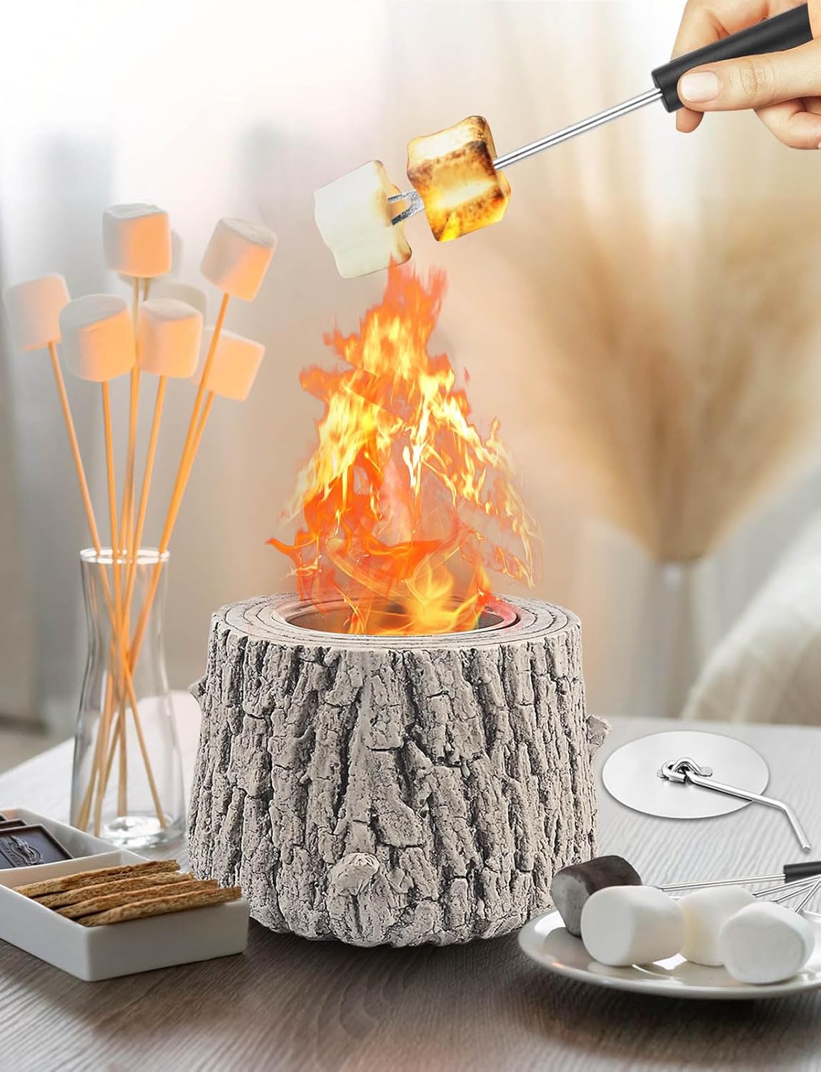 Fogata de mesa  Mini chimenea de mesa, portátil, para tocones de árboles, sin humo y sin olor para interiores, exteriores, campamento, exterior,