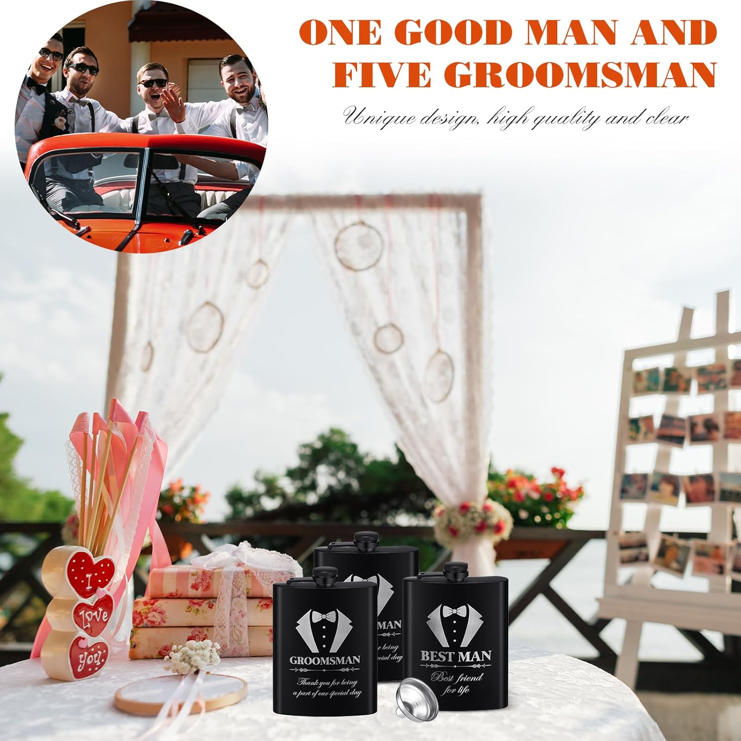 Zubebe Juego de 6 juegos de regalos para padrinos de boda de 8 onzas con embudos para boda, padrino de boda con grabado para hombres, frasco grabado