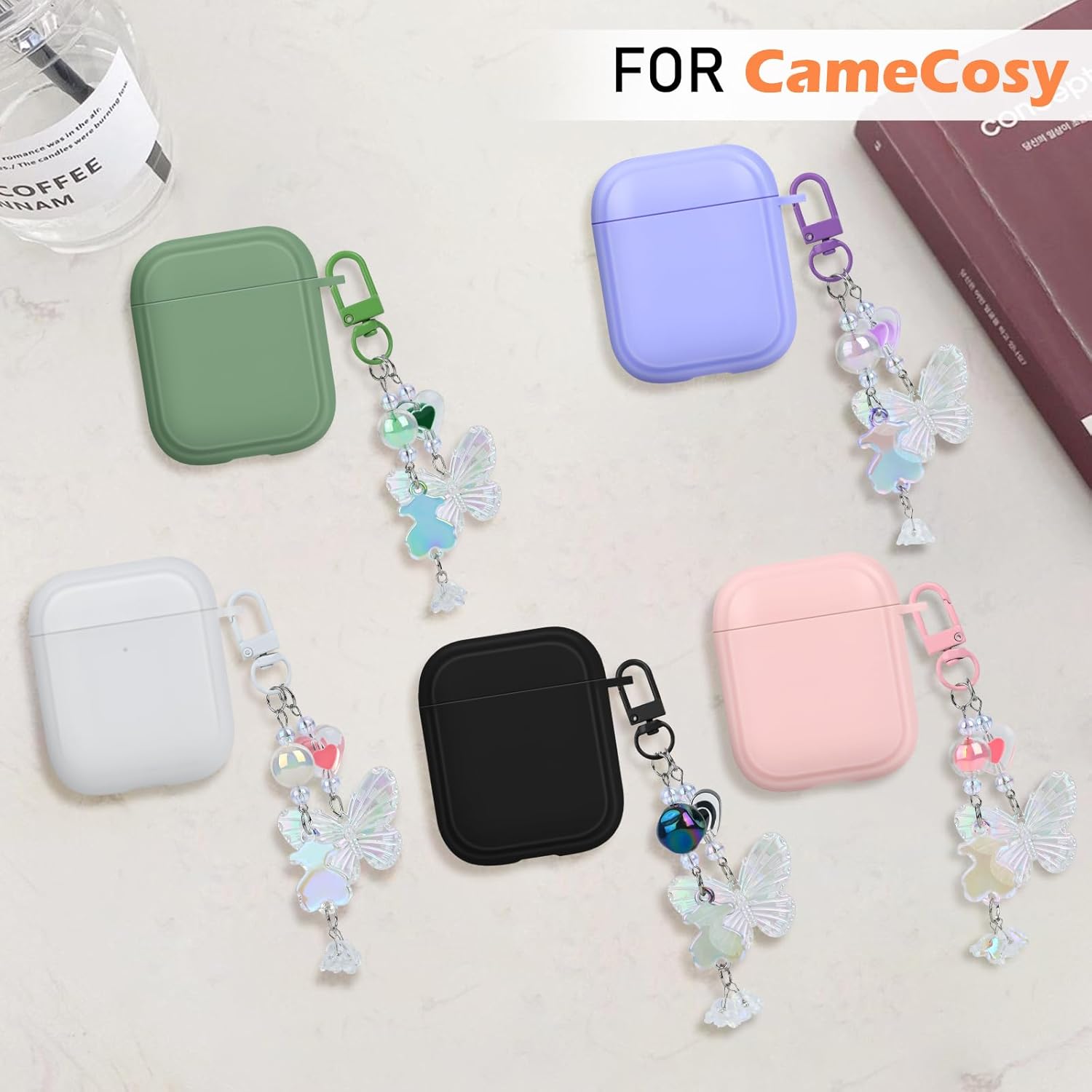 Bonita funda para AirPods 1 y 2 con llavero de corazón de mariposa brillante con purpurina, protección de cuerpo completo de silicona suave a prueba