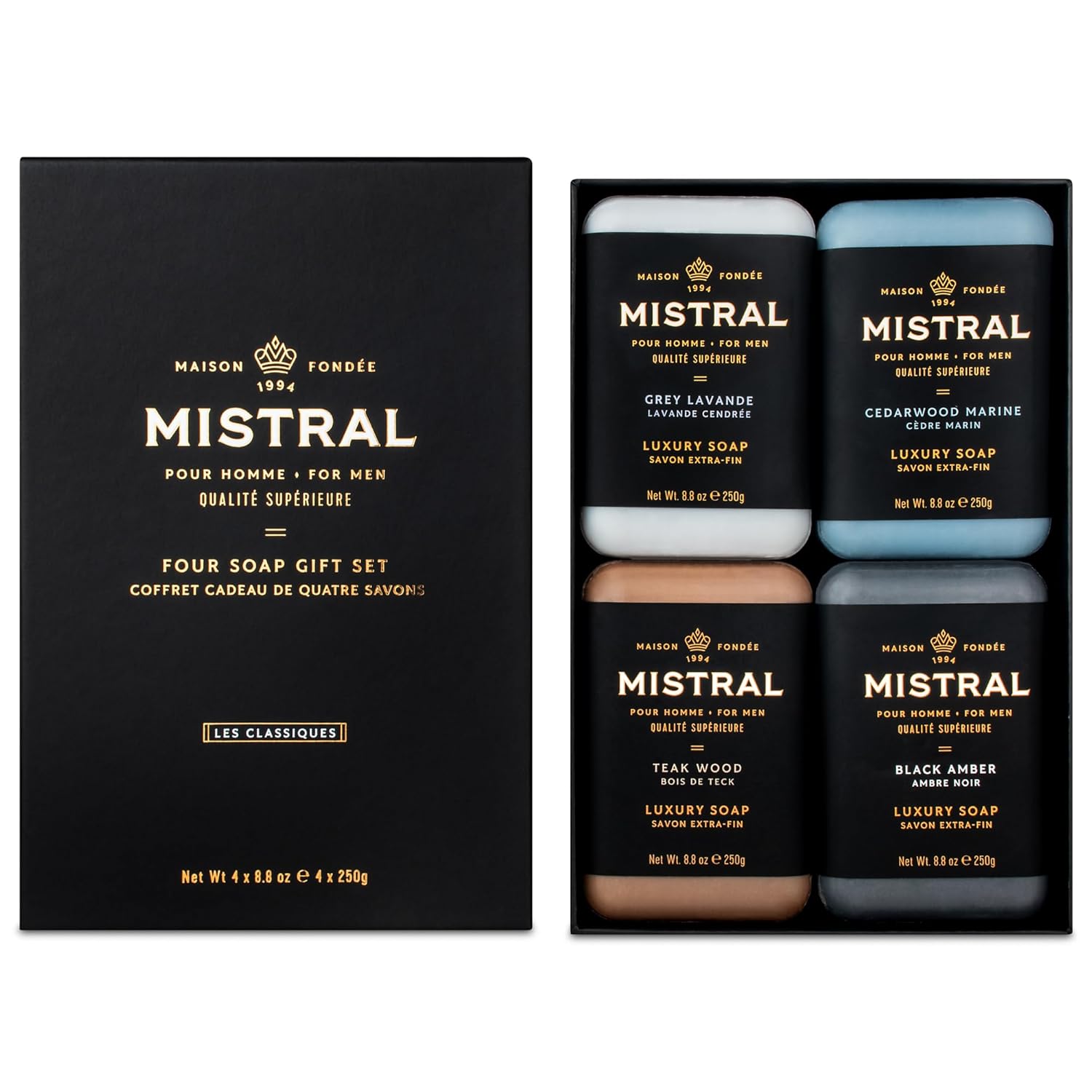 Mistral Jabón en barra orgánico para hombre, juego de 4 barras