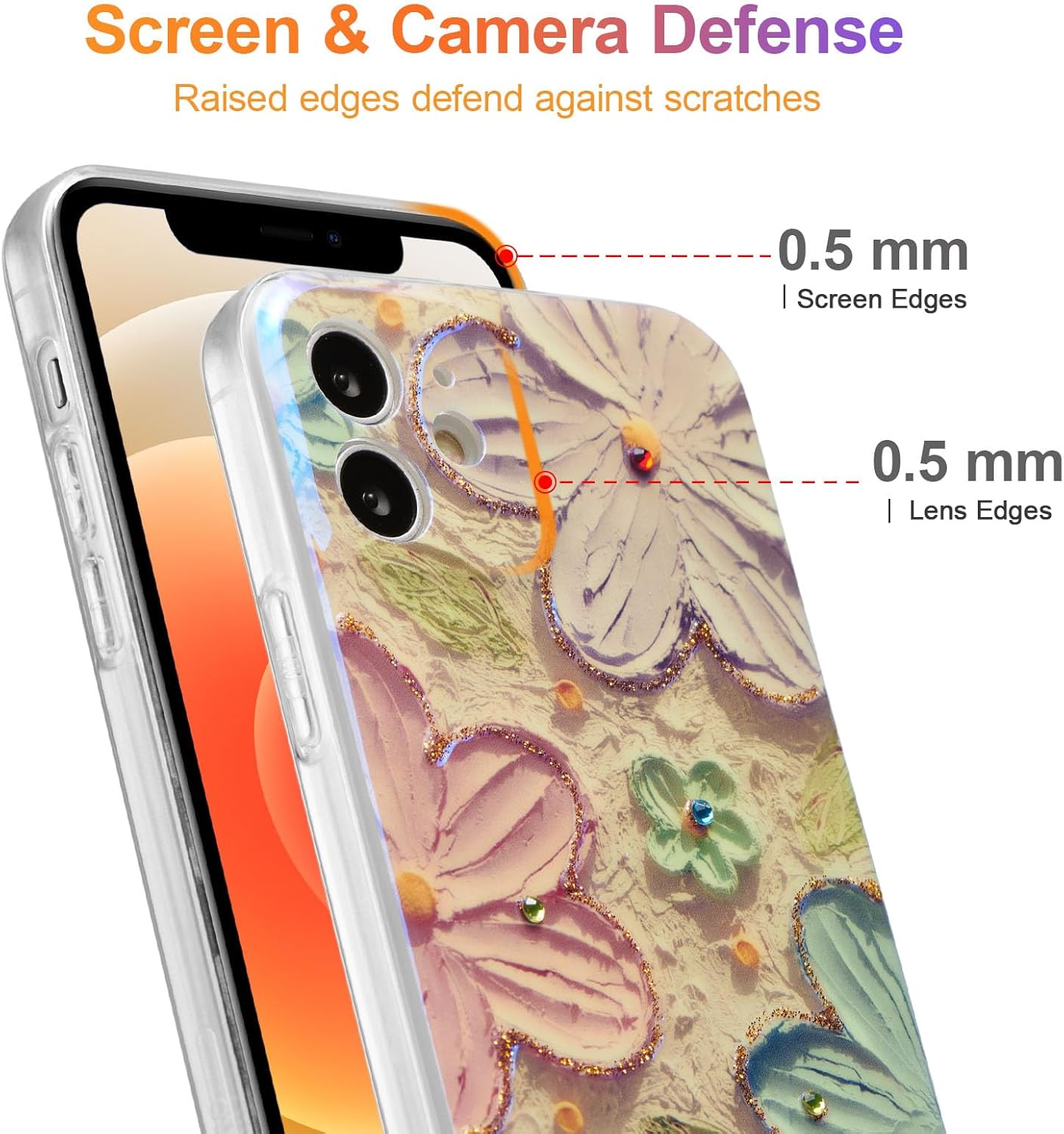 EYZUTAK Funda para iPhone 12, colorida pintura al óleo retro flor rayo láser patrón brillante lindo exquisito floral flor teléfono cubierta elegante