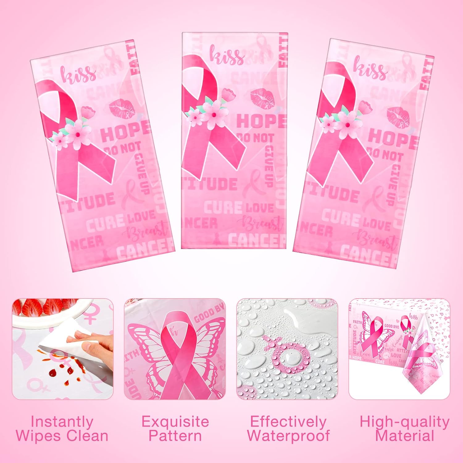 3 piezas de decoraciones para fiestas de concientización sobre el cáncer de mama, fundas de mesa desechables con cinta rosa para concientización,