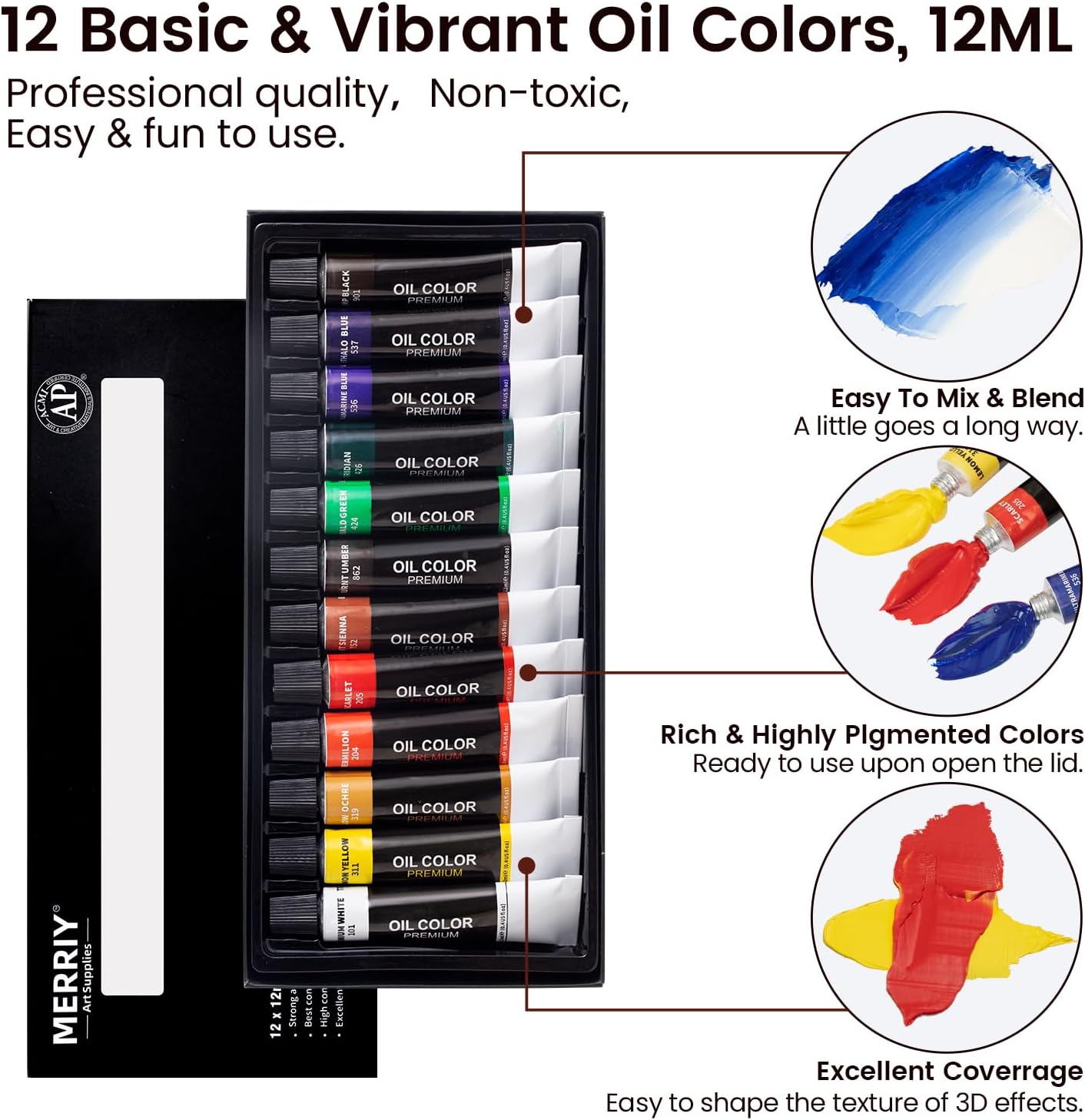 MERRIY Juego de pintura al óleo para artistas, kit de suministros de pintura premium con caballete de mesa, pinturas al óleo de 12 colores, lienzo