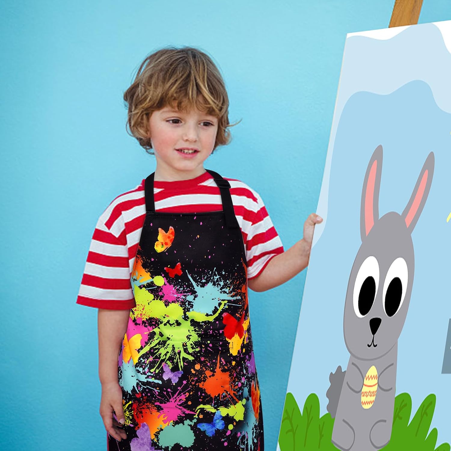 ASPMIZ Delantal de artista para niños pequeños, delantal de cocina impermeable con bolsillos, delantal colorido con tirantes ajustables, delantal