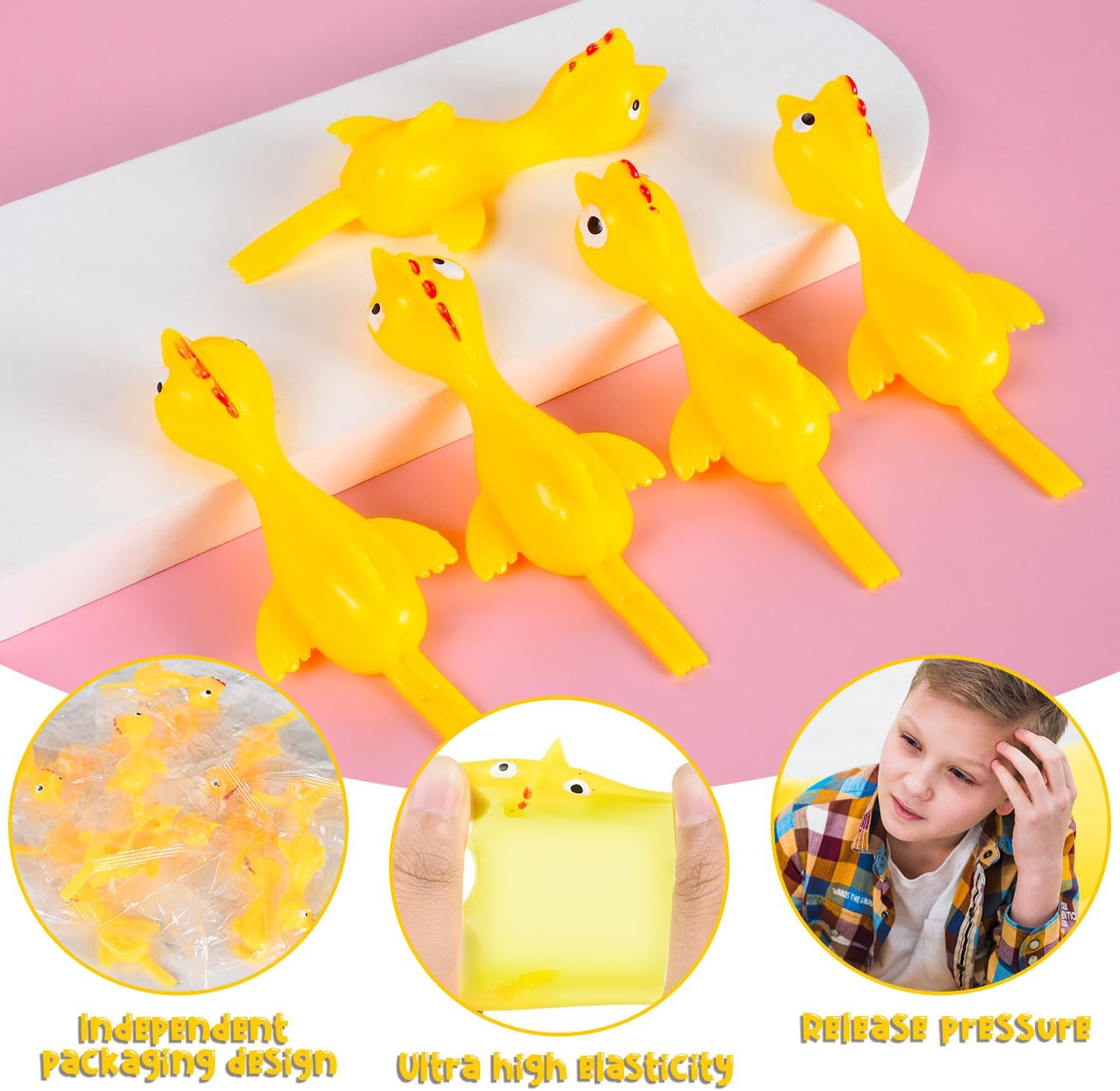 Paquete de 48 tirachinas de pollo de goma, juguetes novedosos de Halloween, juguete de pollo volador para Navidad, mini pollos de goma a granel,