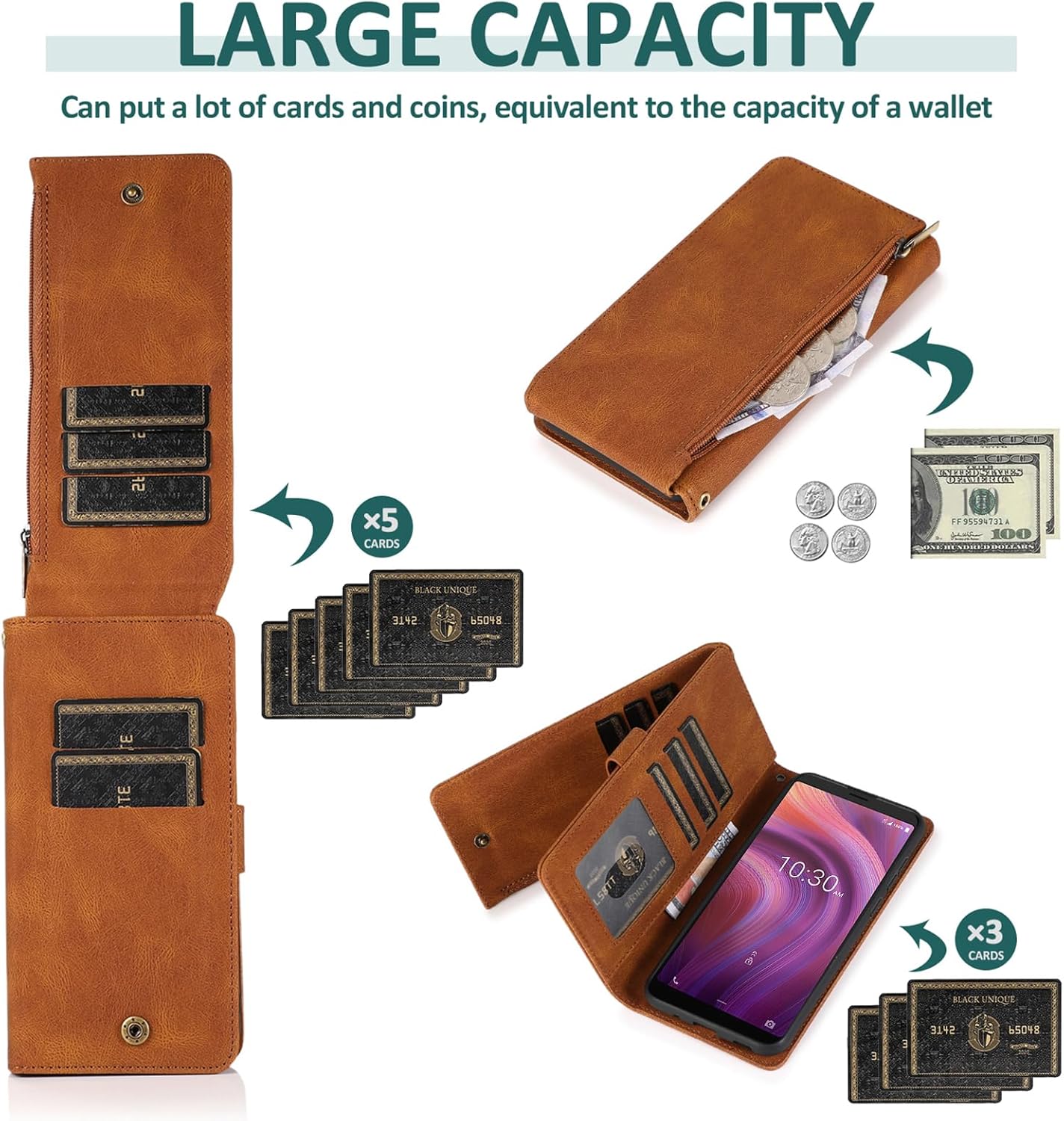 Compatible con Alcatel 3V 2019 – Funda tipo cartera de vidrio templado, protector de pantalla y cremallera de cuero retro, soporte para tarjetas,