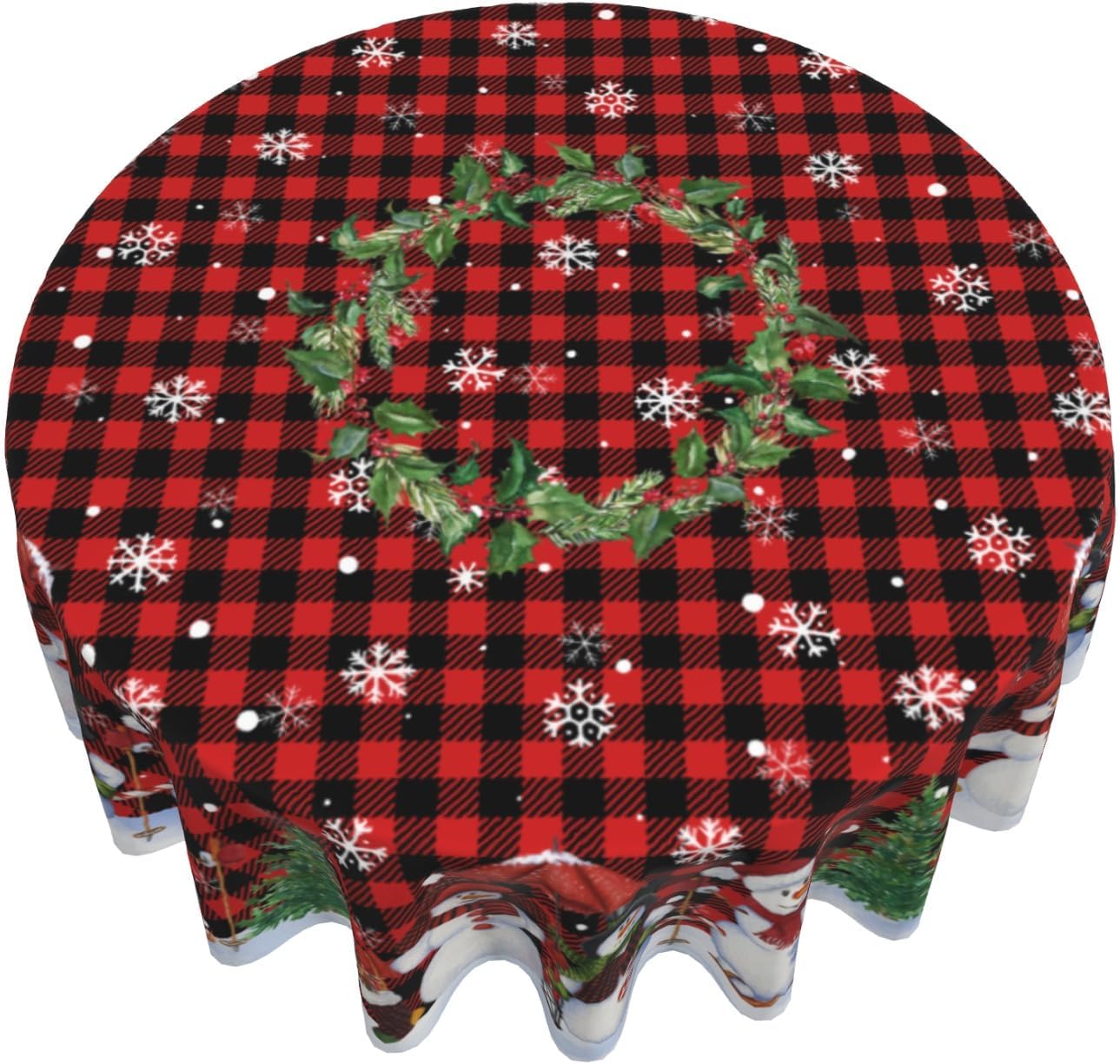 Giwawa Mantel redondo de muñeco de nieve de 60 pulgadas, diseño de copos de nieve de invierno, mantel con diseño de búfalo rojo y negro, con bayas