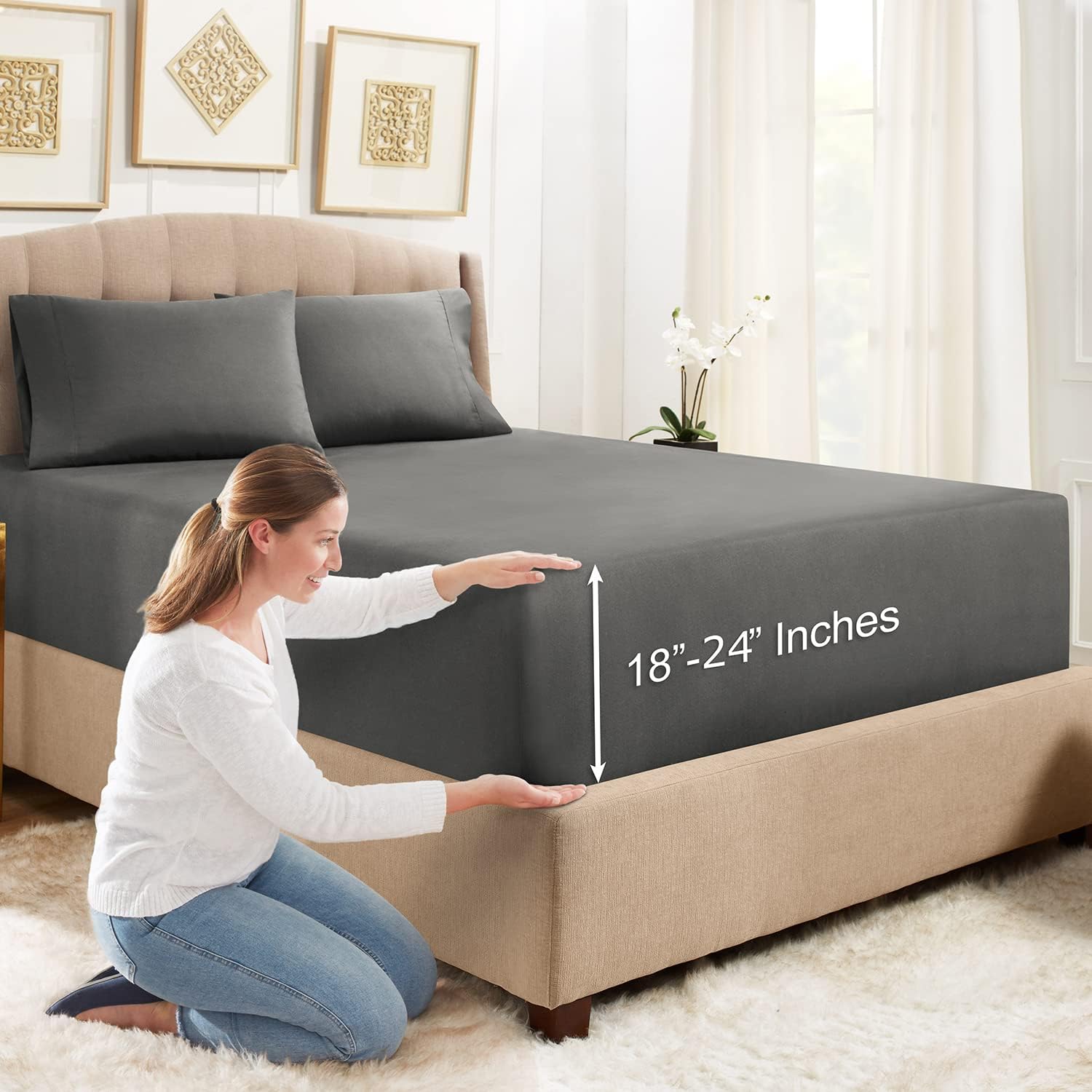 Empyrean Bedding – Sábanas bajeras tamaño Queen, con sábana de cajón extra profunda  Juego de sábanas bajeras extra profundas, de 24 pulgadas, con 2