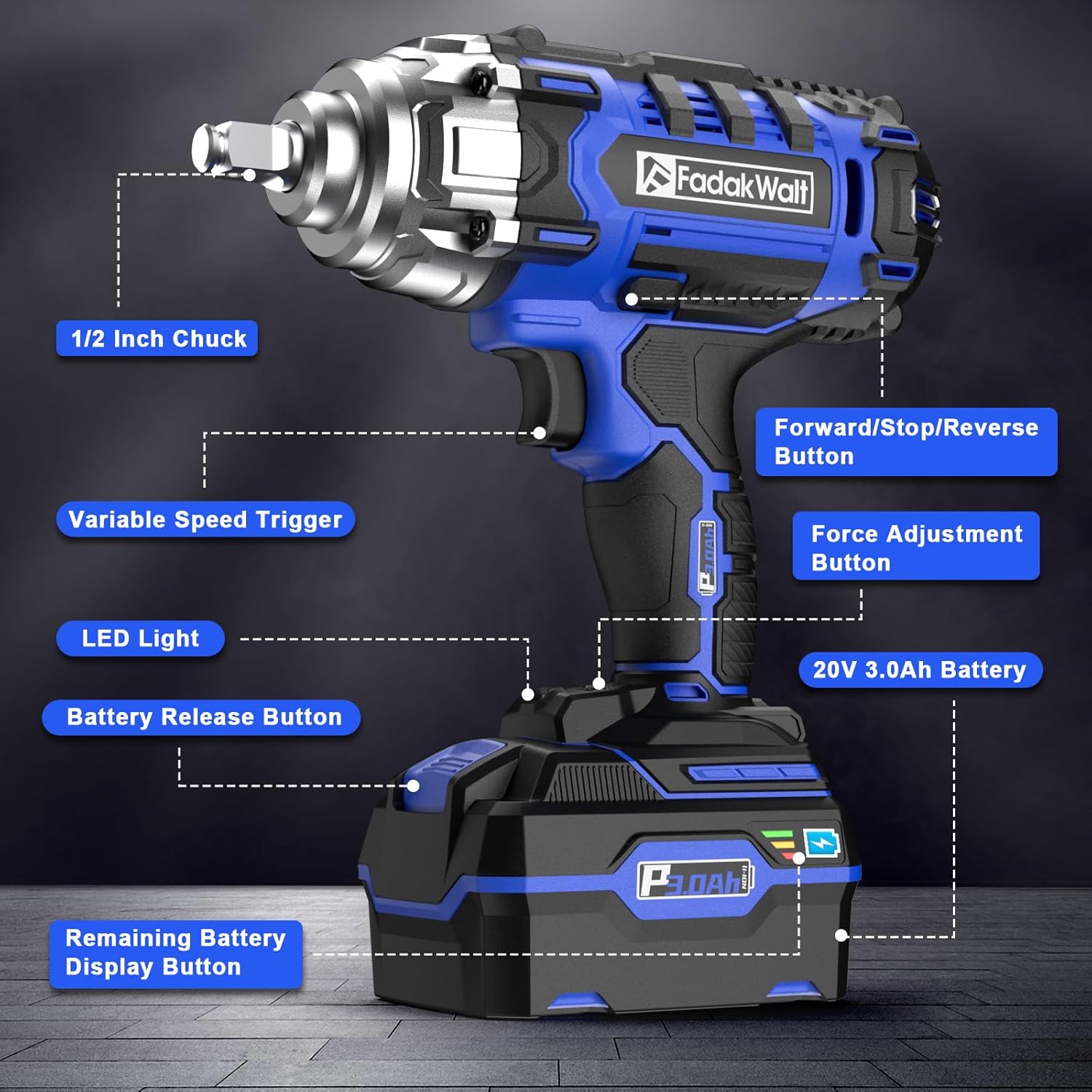 FADAKWALT Llave de impacto inalámbrica de 20 V con un potente motor, destornillador cuadrado de 12 pulgada, par ajustable (100-400 N.m), motor de