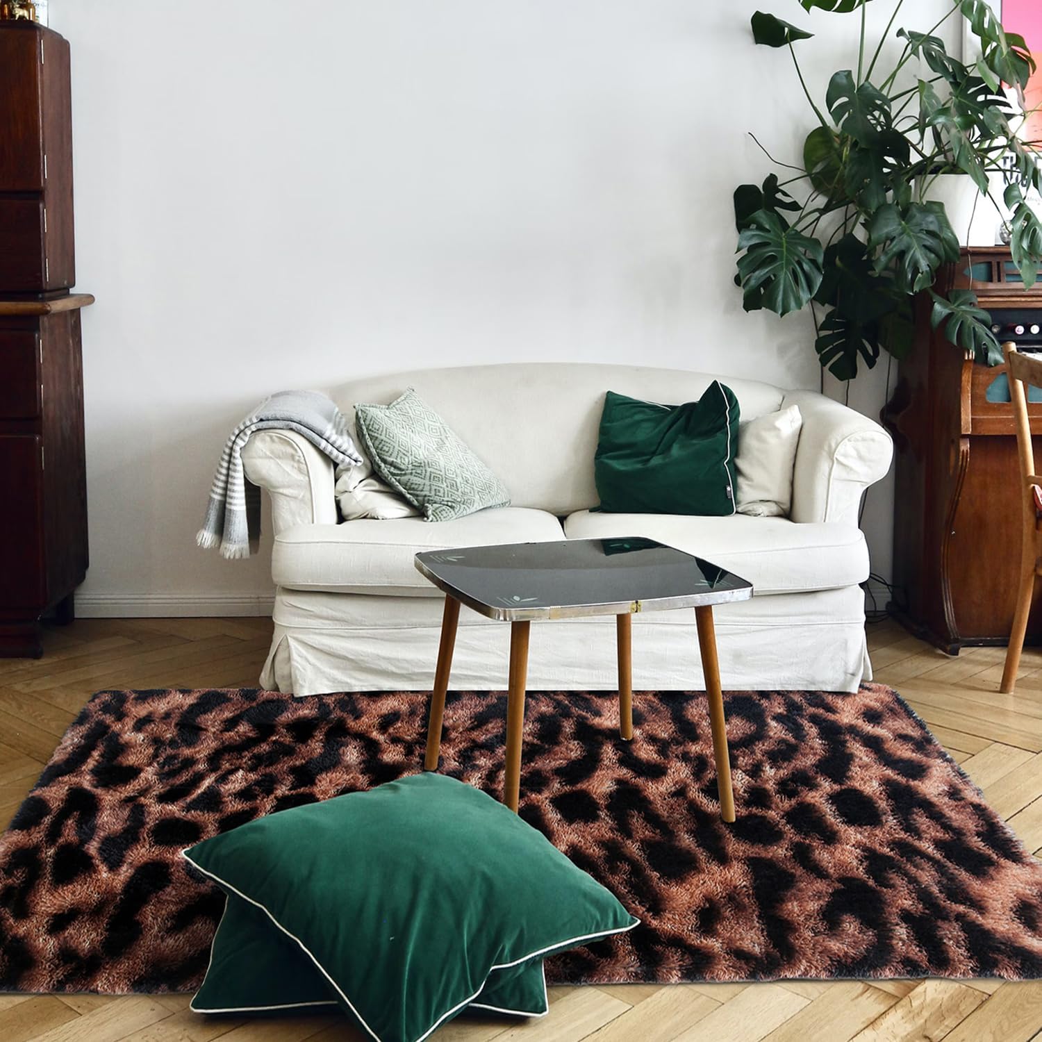 Alfombra de leopardo esponjosa de 3 x 5 pies para sala de estar, dormitorio, alfombra de área con teñido anudado marrón y negro de 3 x 5 pies,
