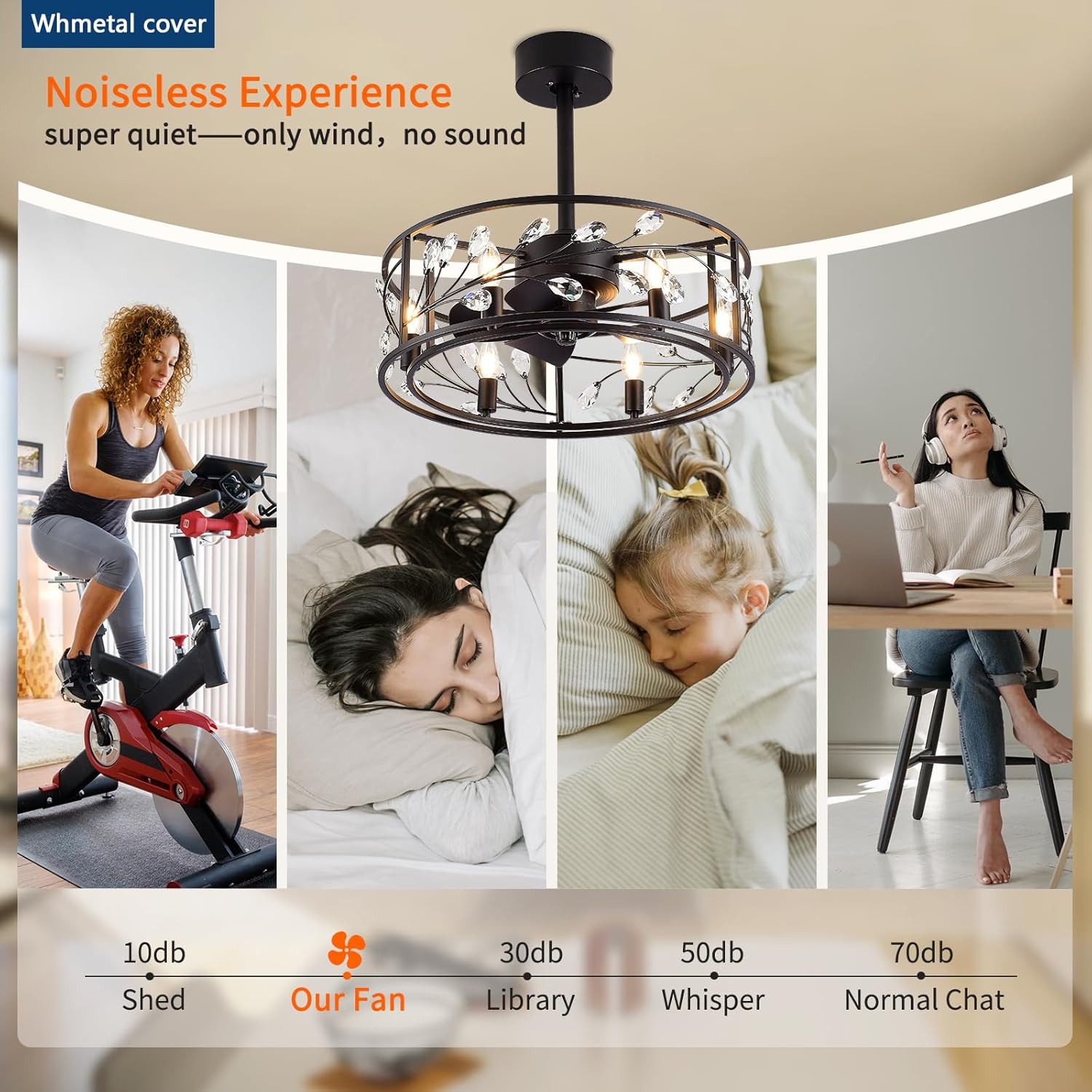 Ventilador de techo enjaulado de 20 pulgadas con luces y control remoto, ventilador de techo de perfil bajo de cristal negro con 3 cuchillas