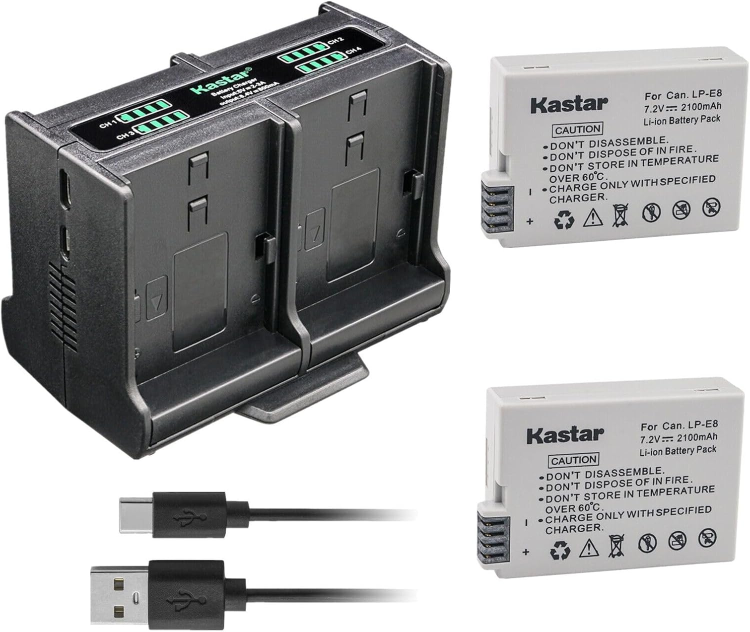 Kastar Paquete de 2 baterías y cargador cuádruple compatible con batería Canon LP-E8 LPE8, cargador LC-E8 LC-E8E, cámara EOS T2i T3i T4i T5i 550D