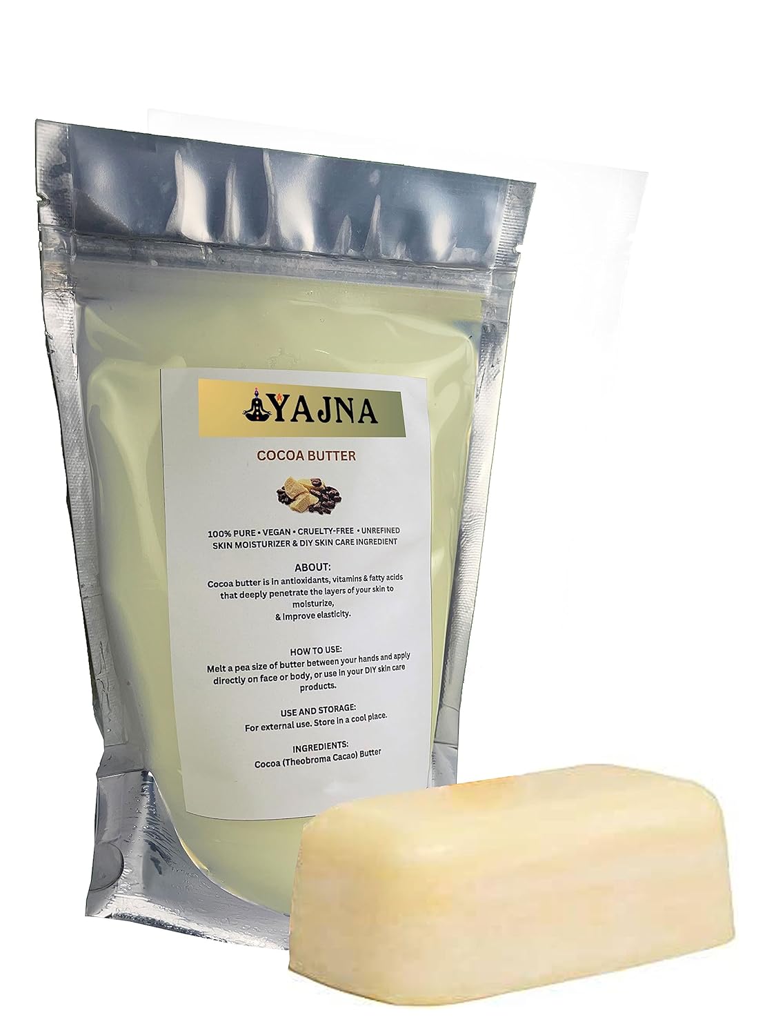 Yajna Manteca de cacao cruda orgánica 100% pura, natural y sin refinar  Hidratante de piel para cara, cuerpo y cabello  1 LBS450 GM marfilblanco