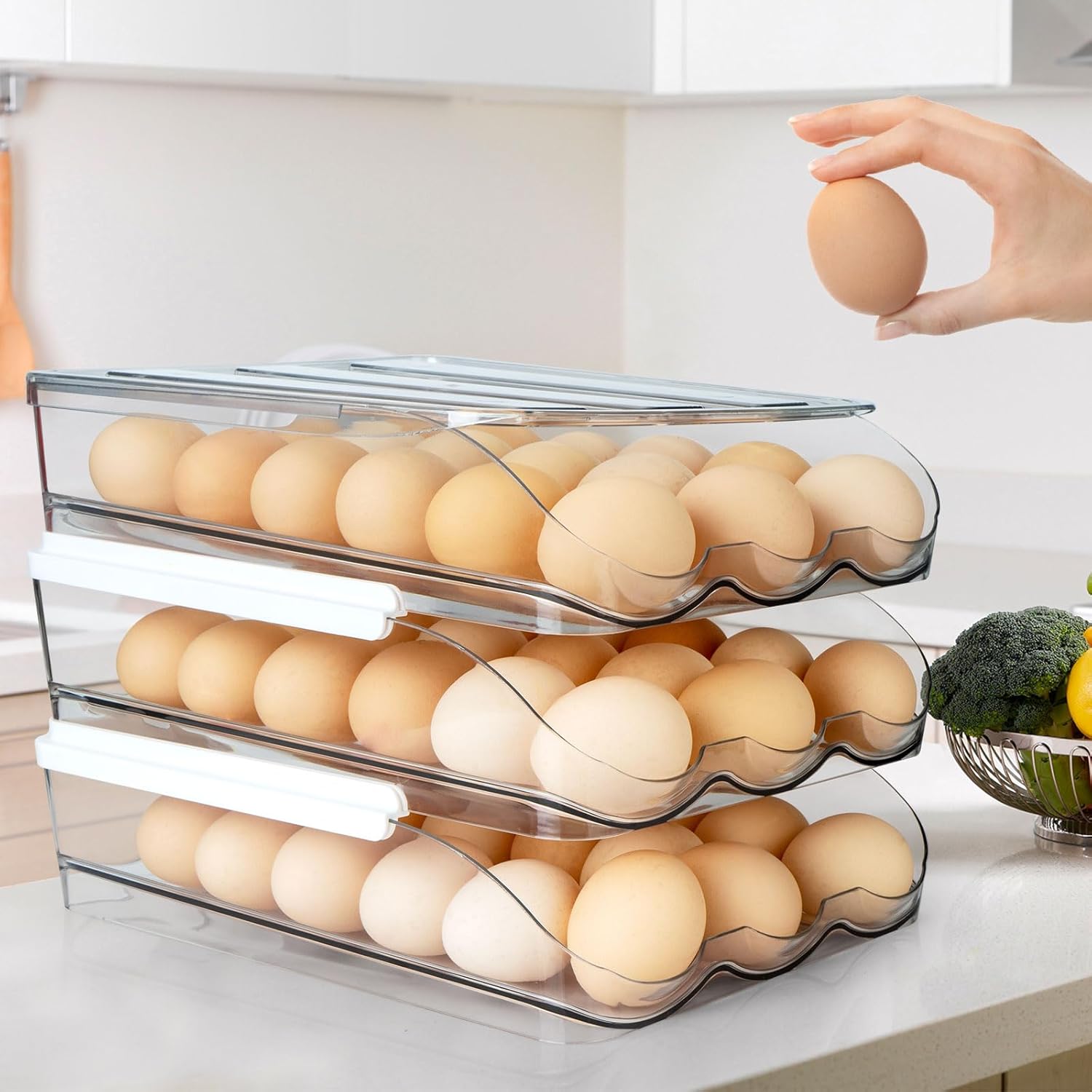 Soporte para huevos para refrigerador, contenedor de huevos rodante de gran capacidad para con tapa desmontable, cubos organizadores apilables para