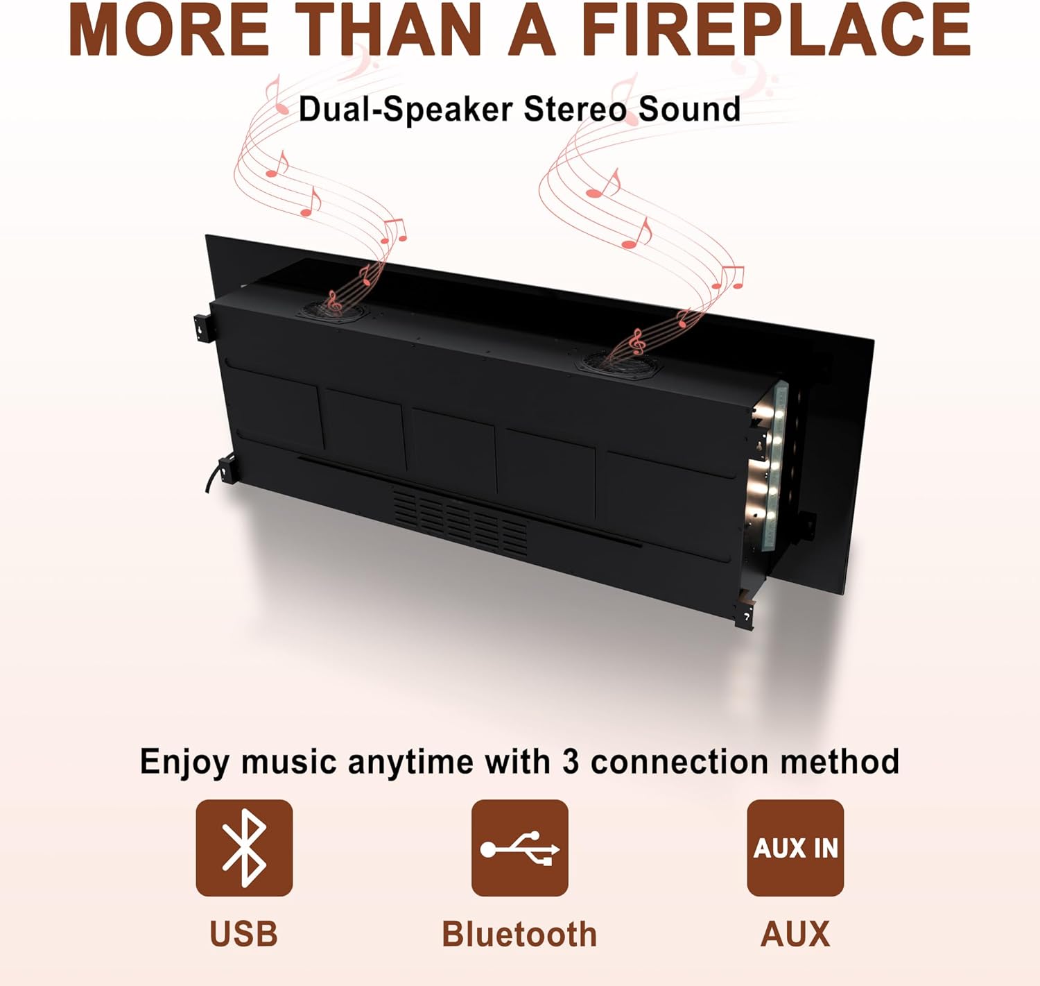 Chimenea eléctrica de 50 pulgadas con altavoces Bluetooth montada en la pared de bajo ruido ultra fina chimenea lineal ajustable 8 colores de llama,