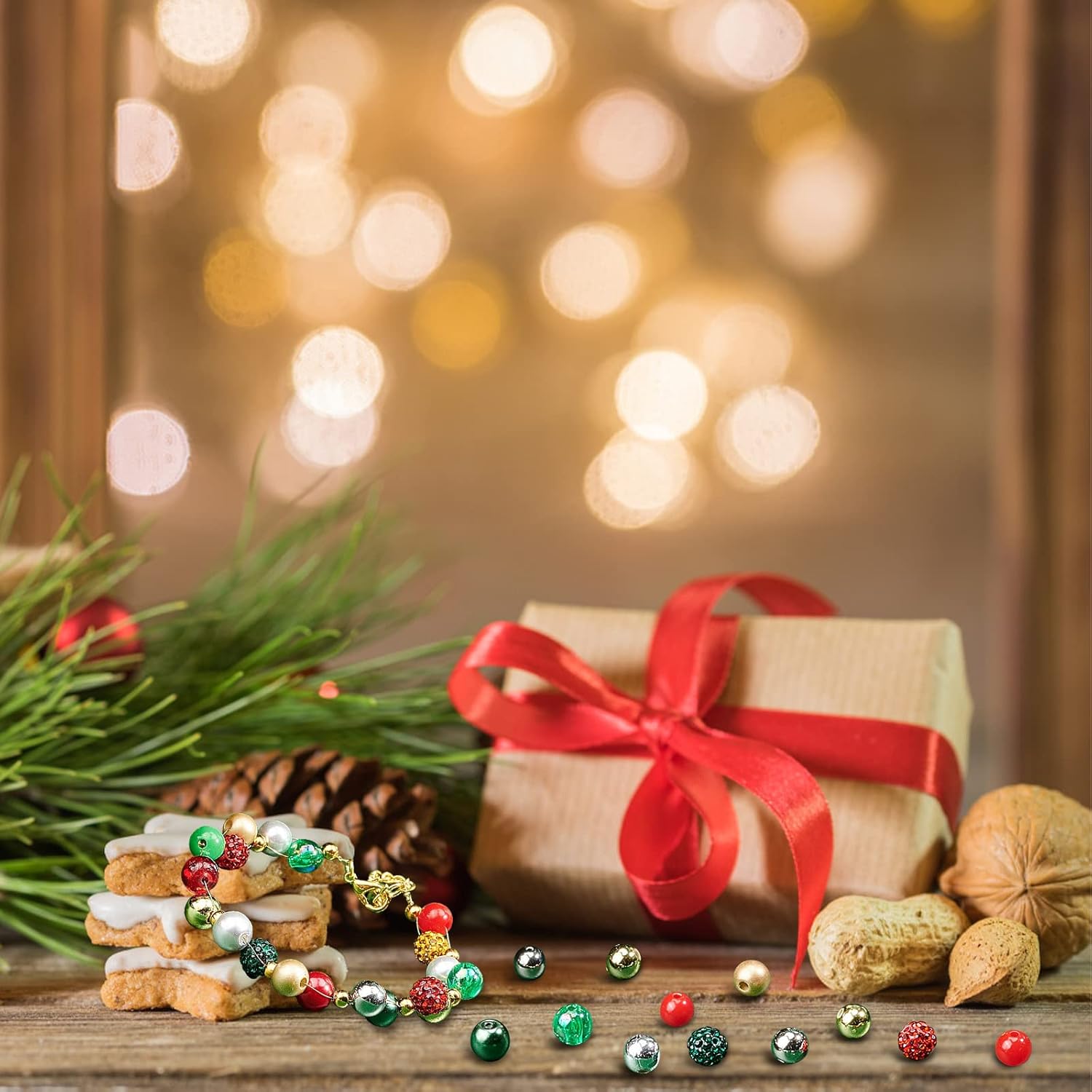 NBEADS Alrededor de 180 cuentas de Navidad mixtas de 0.315 pulgadas, cuentas sueltas de vidrio de material surtido, cuentas espaciadoras para