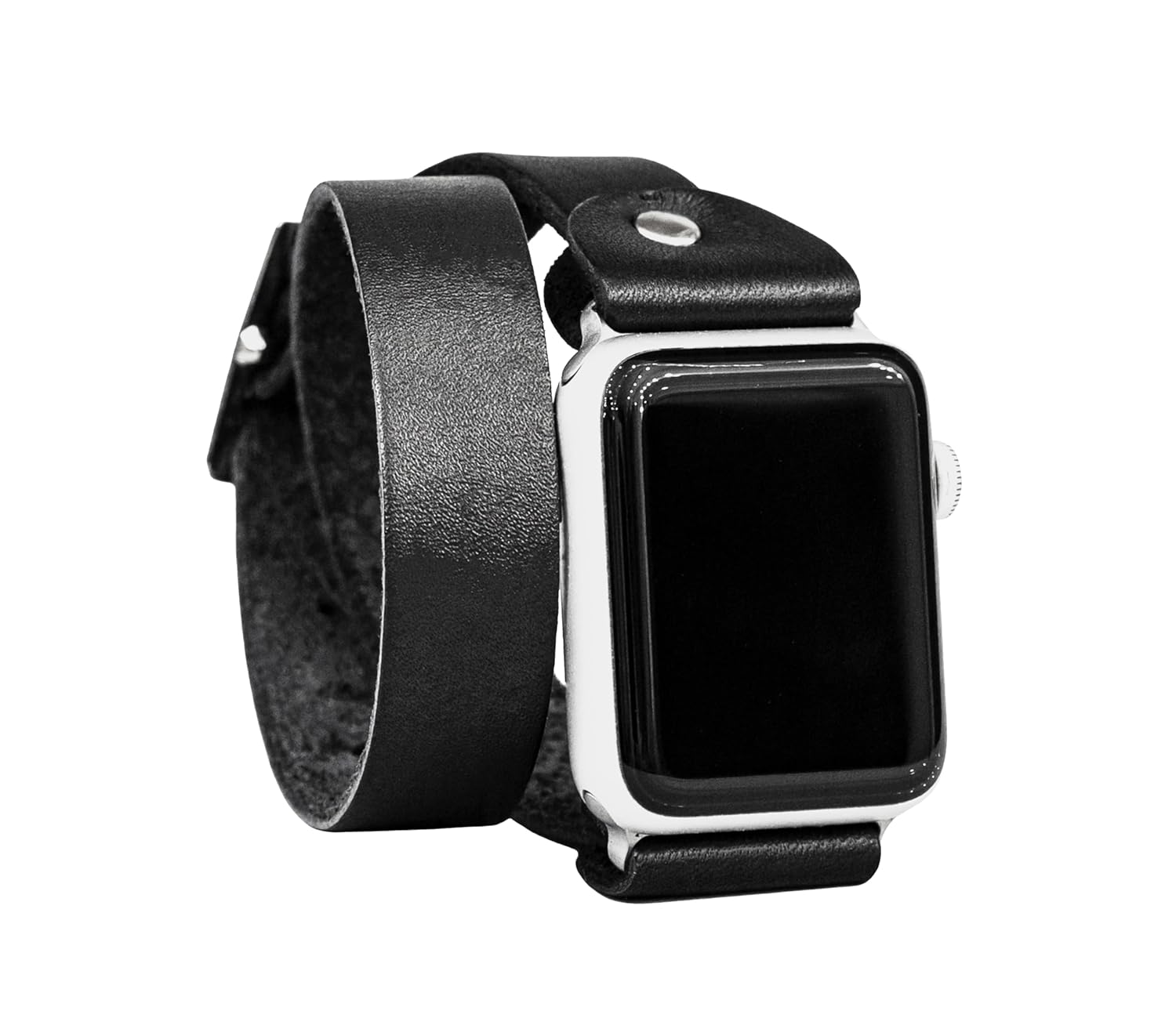 Leather double wrap band strap compatible with Apple watch 38mm 40mm 41mm 42mm 44mm 45mm 49mm, Handmade UA 1810 (black + steel + 6.3-7.3 in + 384041