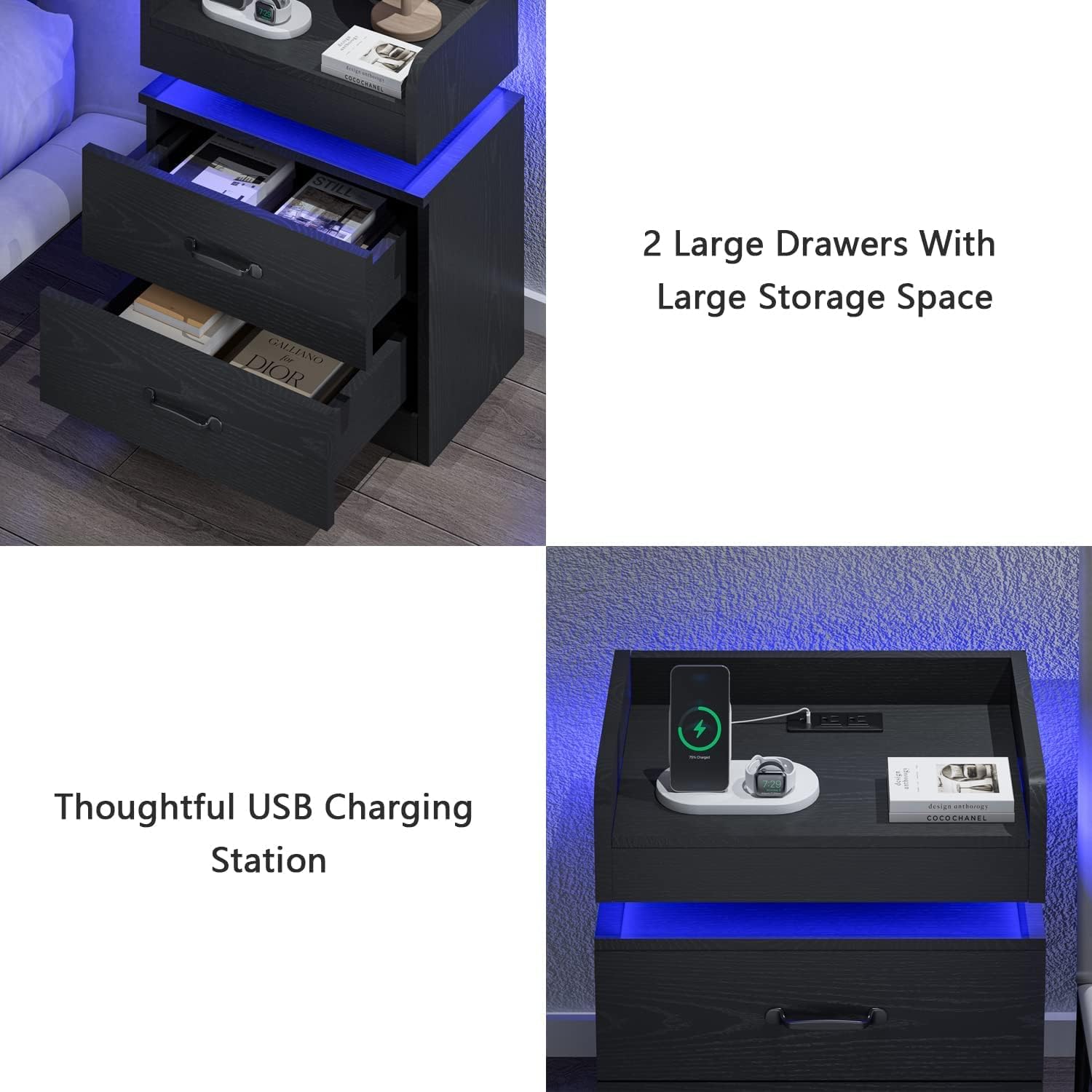 Mesita de noche con estación de carga, mesita de noche con luz LED, mesa auxiliar moderna con cajones de almacenamiento, mesita de noche con luz LED