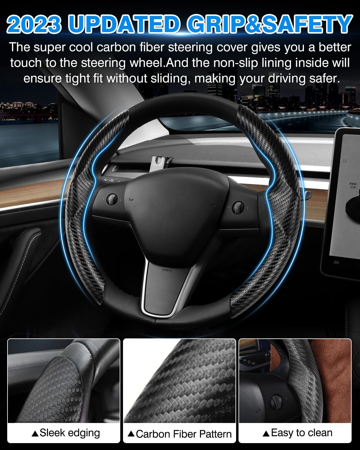 Funda para volante de la marca funda de fibra de carbono a medida para volante de Tesla, transpirable, duradera, antideslizante, transpirable,