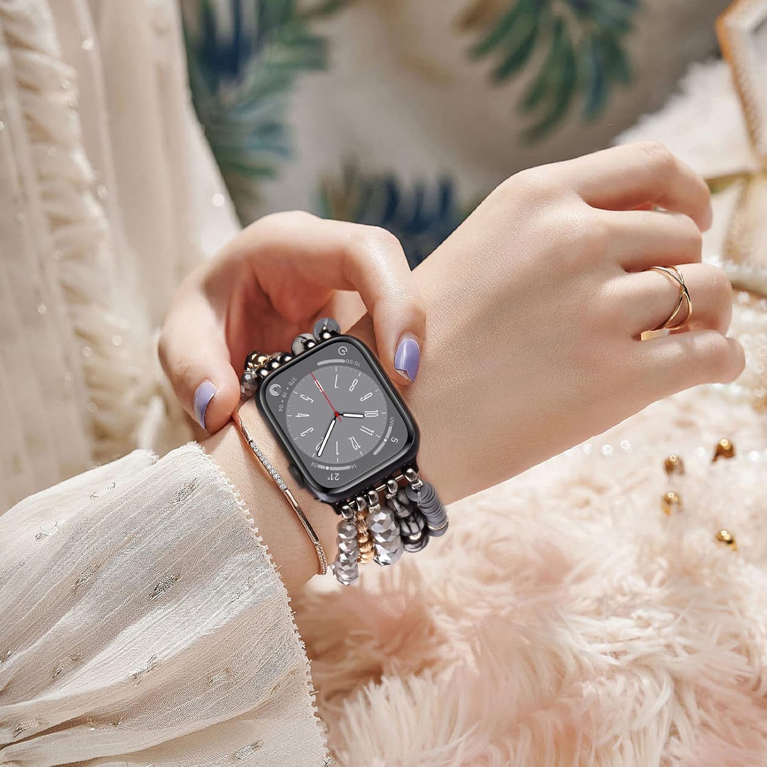 VISOOM Pulsera bohemia con cuentas compatible con Apple Watch Band 1.654 in1.732 in1.772 in Series 8 7 SE 654 para mujer, correa elástica de reloj