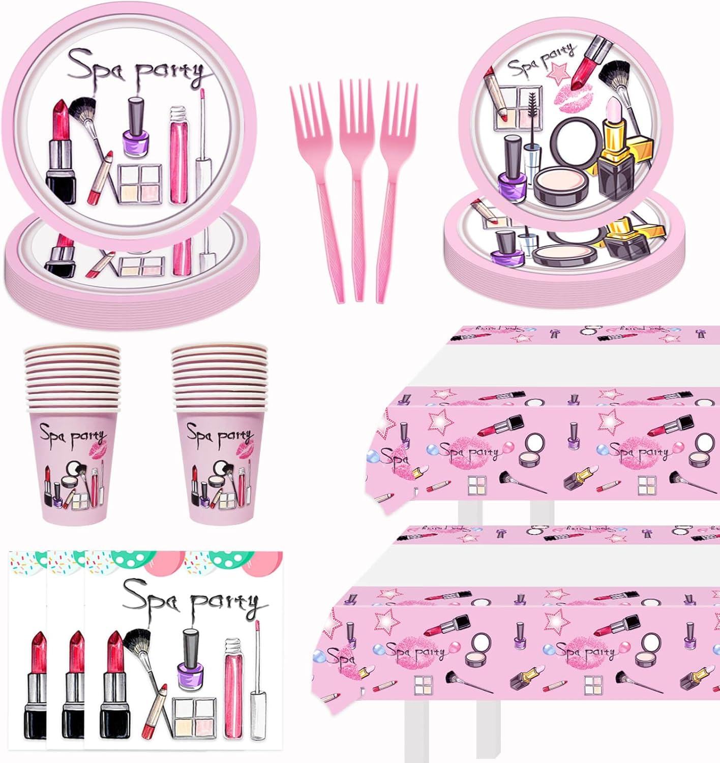 122 piezas de decoraciones de fiesta de spa, platos de fiesta de spa, servilletas, tazas, tenedores, mantel, kit de vajilla para niñas, maquillaje,