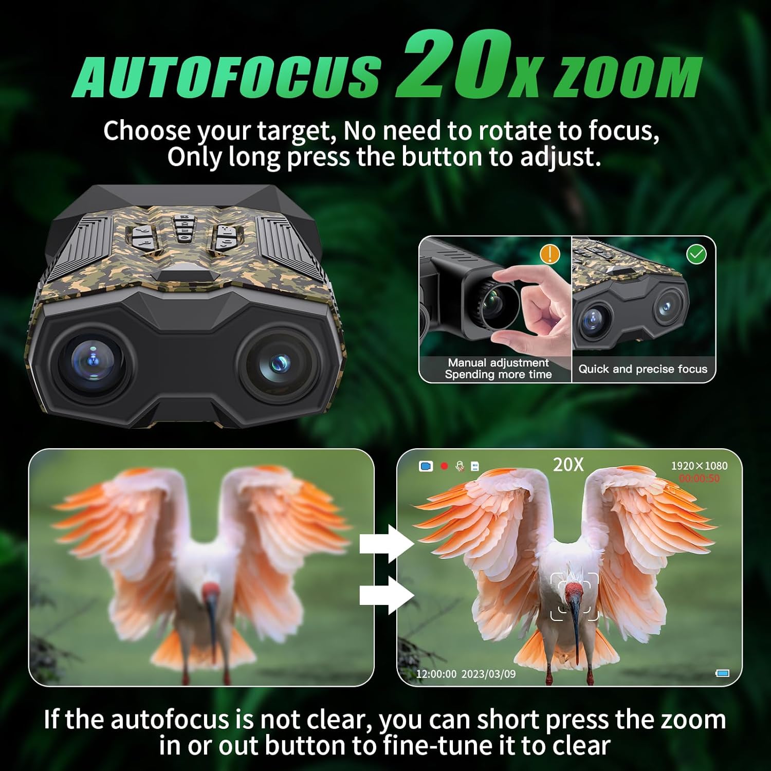 Gafas de visión nocturna de enfoque automático, prismáticos infrarrojos 4K con rango de 1968 pies, zoom automático 20X, pantalla HD de 3 pulgadas,