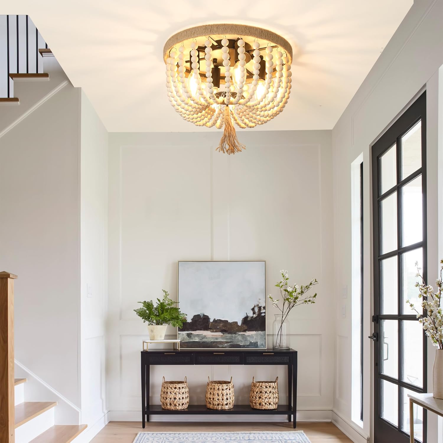 Lámpara de techo bohemia con cuentas de madera, 4 luces de roble blanco, estilo bohemio, para dormitorio, pasillo, entrada, cuarto de bebé, pasillo,