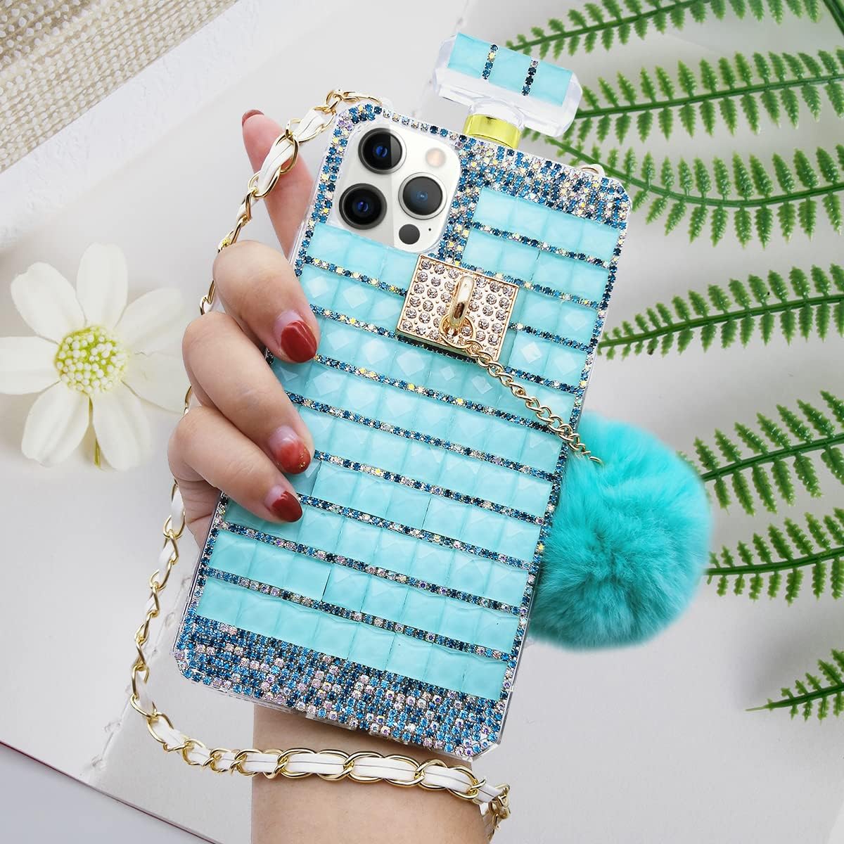 Losin Compatible con iPhone 15 Pro Max Bling Case Luxury 3D Perfume Bottle Design para mujeres y niñas con correa de cordón cruzado y bonita bola