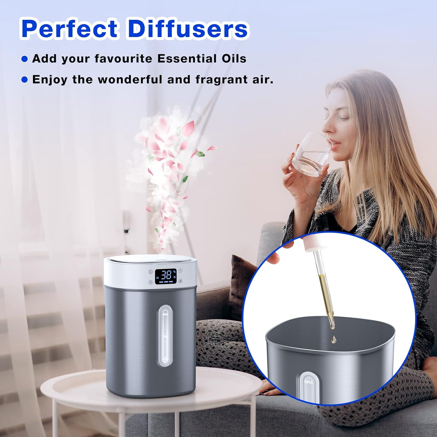 Humidificador ultrasónico de niebla fría de 4 litros con tanque de acero inoxidable 304, control automático de humedad, luz nocturna y temporizador,