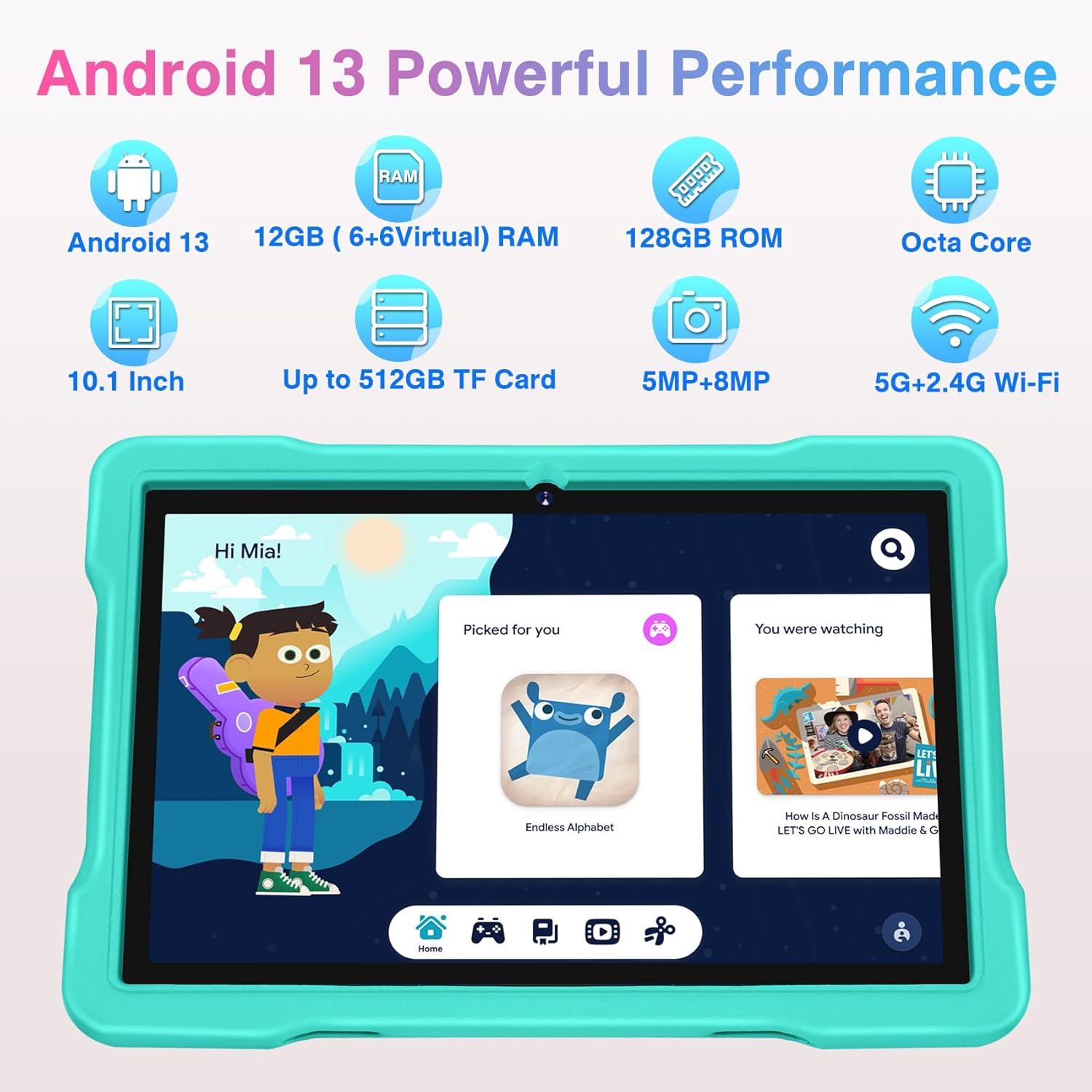 Tableta para niños 2024, tabletas Android 13 de 10 pulgadas para niños pequeños de 12 GB+128 GB 6000 mAh con funda a prueba de golpes, WiFi 5G,