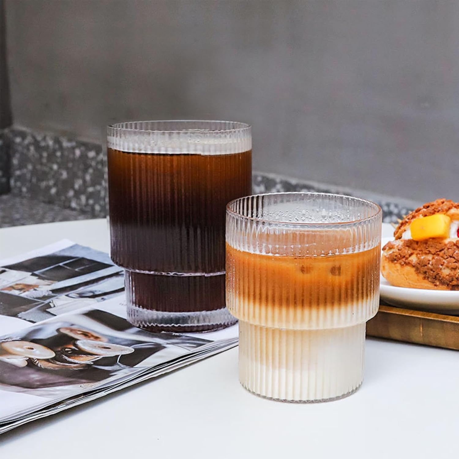 XKXKKE Juego de 6 vasos de bebida acanalados de 7 onzas, vasos transparentes para café helado vintage, vasos altos de vidrio acanalado para cola de