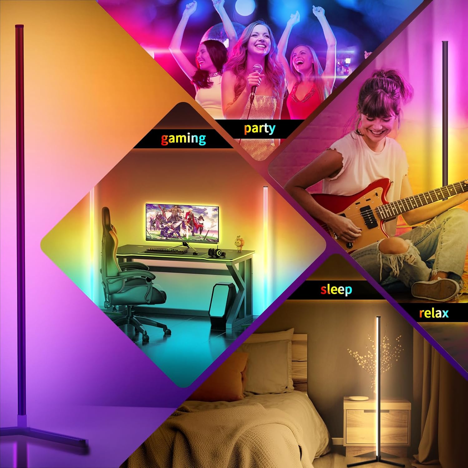 Lámpara de pie de esquina giratoria Regulable que cambia de color, lámparas de esquina de pie LED Smart App Control Iluminación RGB lámpara de