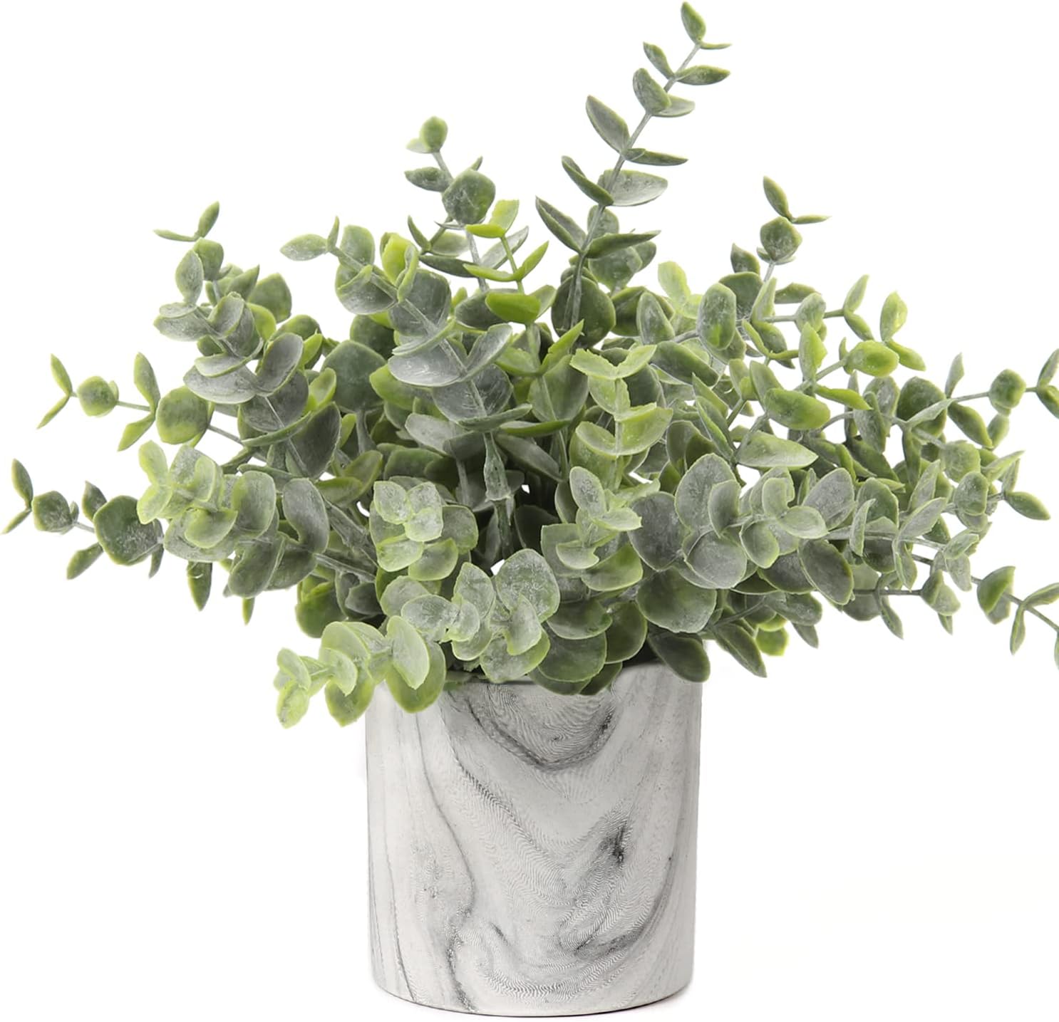 Hollyone Mini plantas artificiales en macetas, plantas falsas en macetas de mármol, 1 pieza de plástico de eucalipto, vegetación sintética para el
