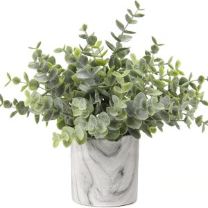 Hollyone Mini plantas artificiales en macetas, plantas falsas en macetas de mármol, 1 pieza de plástico de eucalipto, vegetación sintética para el Hollyone Mini plantas artificiales en macetas, plantas falsas en macetas de mármol, 1 pieza de plástico de eucalipto, vegetación sintética para el