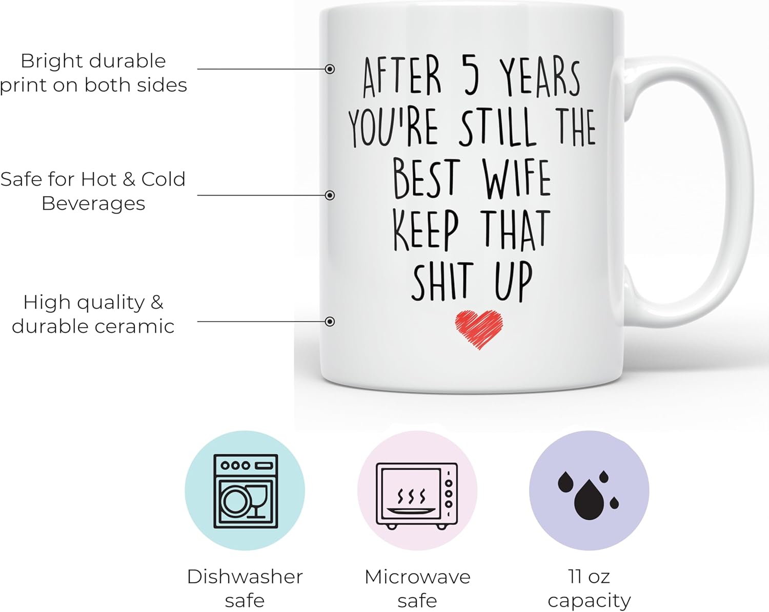 YouNique Designs Taza de café de aniversario de 5 años para ella, 11 onzas, 5 taza de aniversario de boda para esposa, cinco años, quinto año, 5 año