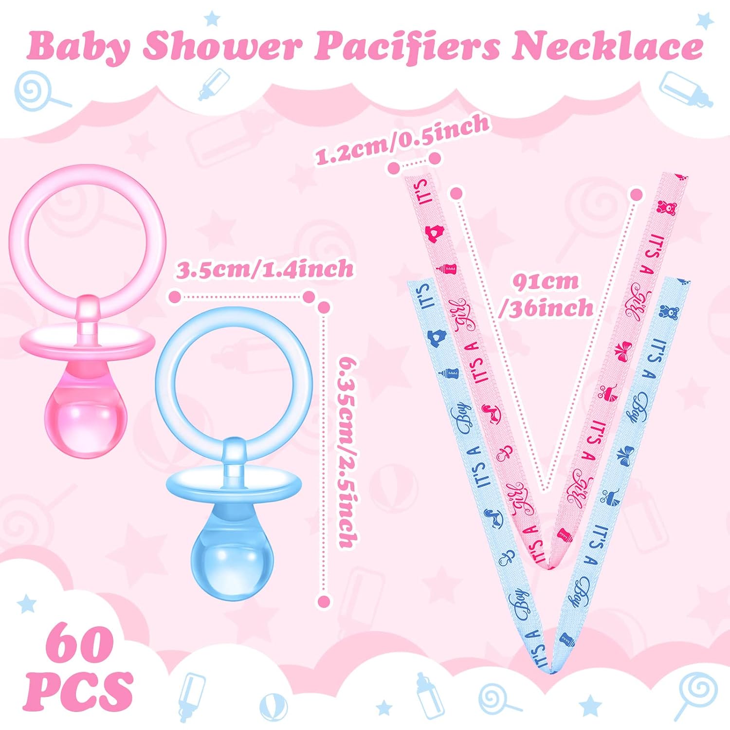 Junkin 60 piezas de chupetes de baby shower, chupetes acrílicos para bebé, regalos de fiesta, chupetes, collar para niñas y niños, decoración de
