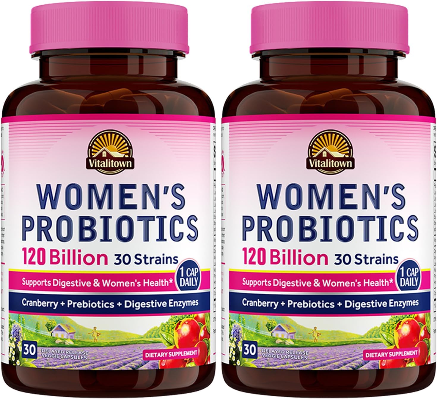VITALITOWN Probióticos para mujeres 120 mil millones de UFC 1 diario, 30 cepas, con prebióticos y enzimas digestivas y arándano, salud intestinal y