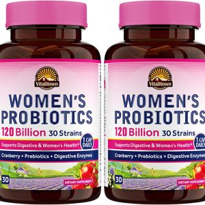 VITALITOWN Probióticos para mujeres 120 mil millones de UFC 1 diario, 30 cepas, con prebióticos y enzimas digestivas y arándano, salud intestinal y VITALITOWN Probióticos para mujeres 120 mil millones de UFC 1 diario, 30 cepas, con prebióticos y enzimas digestivas y arándano, salud intestinal y