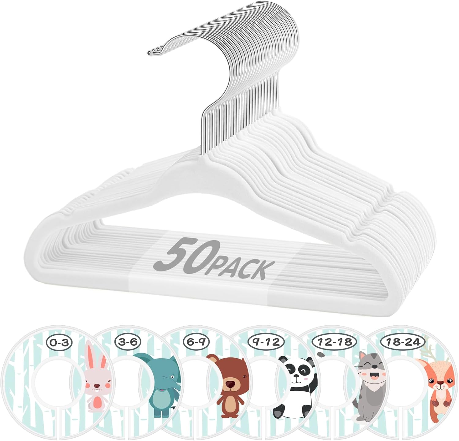 VIS’V – Perchas de terciopelo para niños, 11 pulgadas, color blanco, antideslizantes, para ropa de bebé, con 6 bonitos divisores de ropa para bebés,