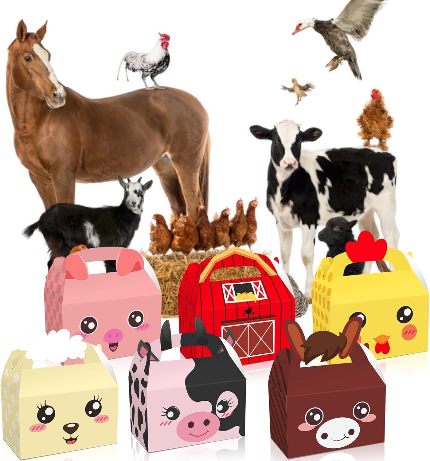 Paquete de 12 cajas de regalo de fiesta de animales de granja, caja de regalo de fiesta temática de animales, cajas de cartón con asa para baby